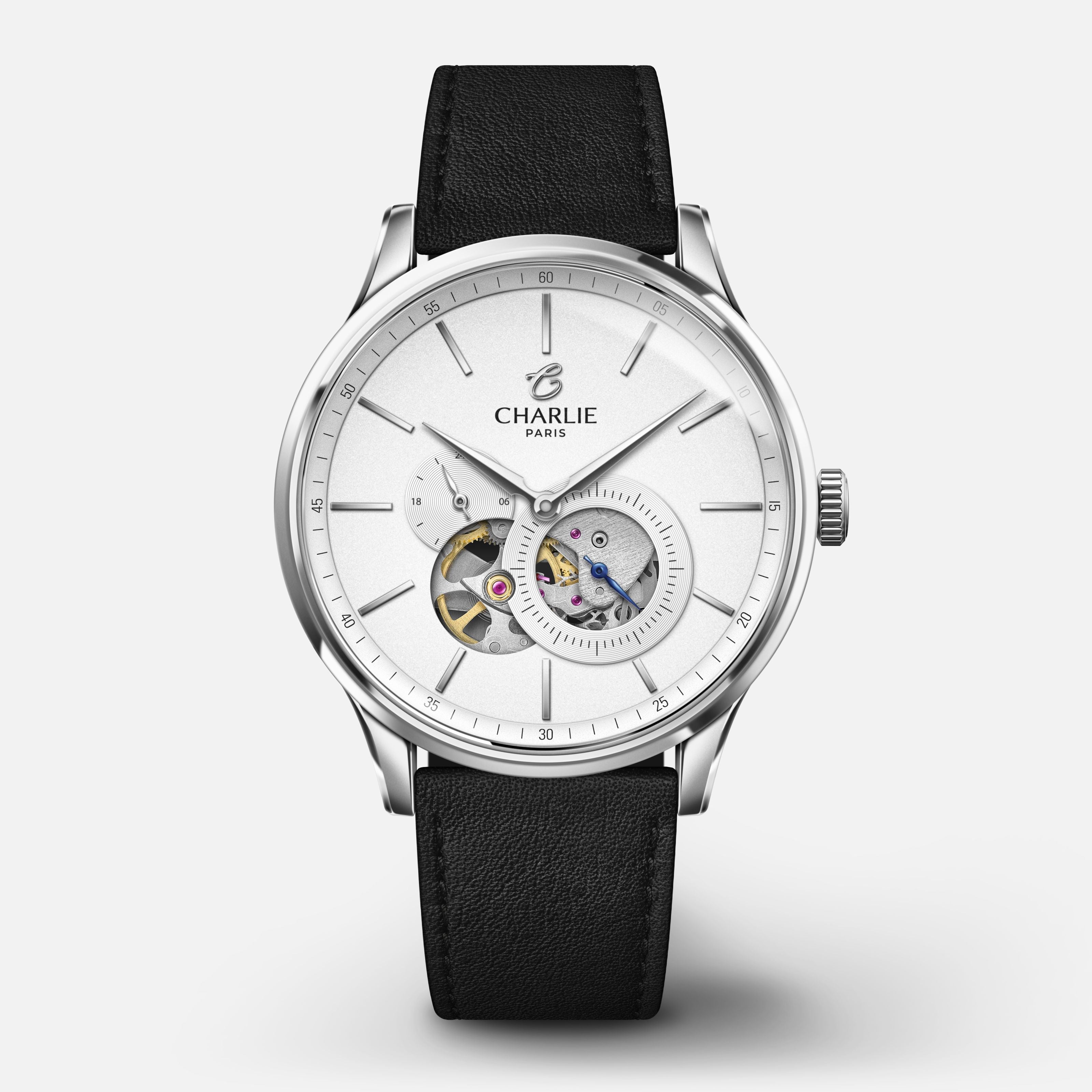 INITIAL - Automatique Cœur Ouvert - Blanc Montres CHARLIE Cuir noir