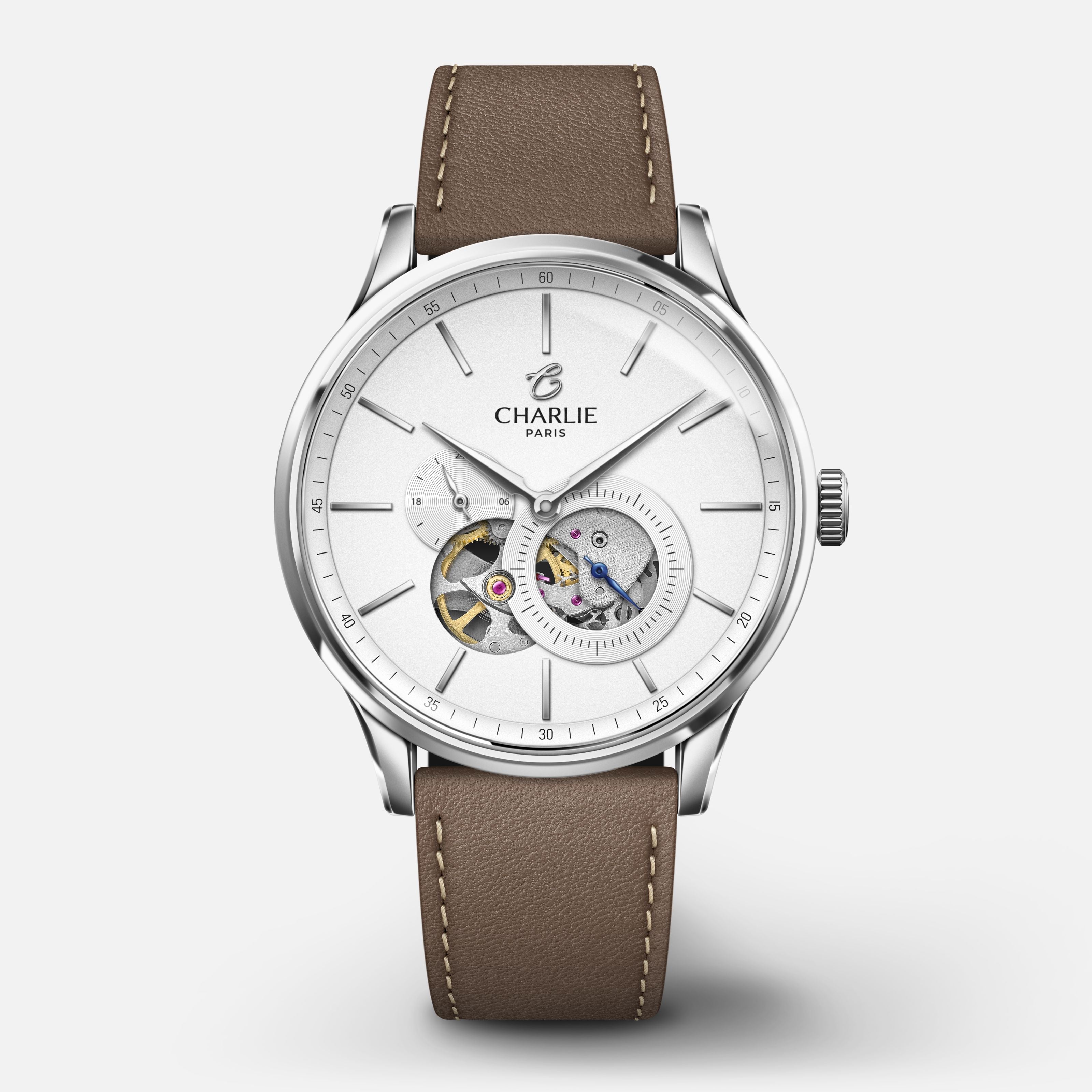INITIAL - Automatique Cœur Ouvert - Blanc Montres CHARLIE Cuir taupe