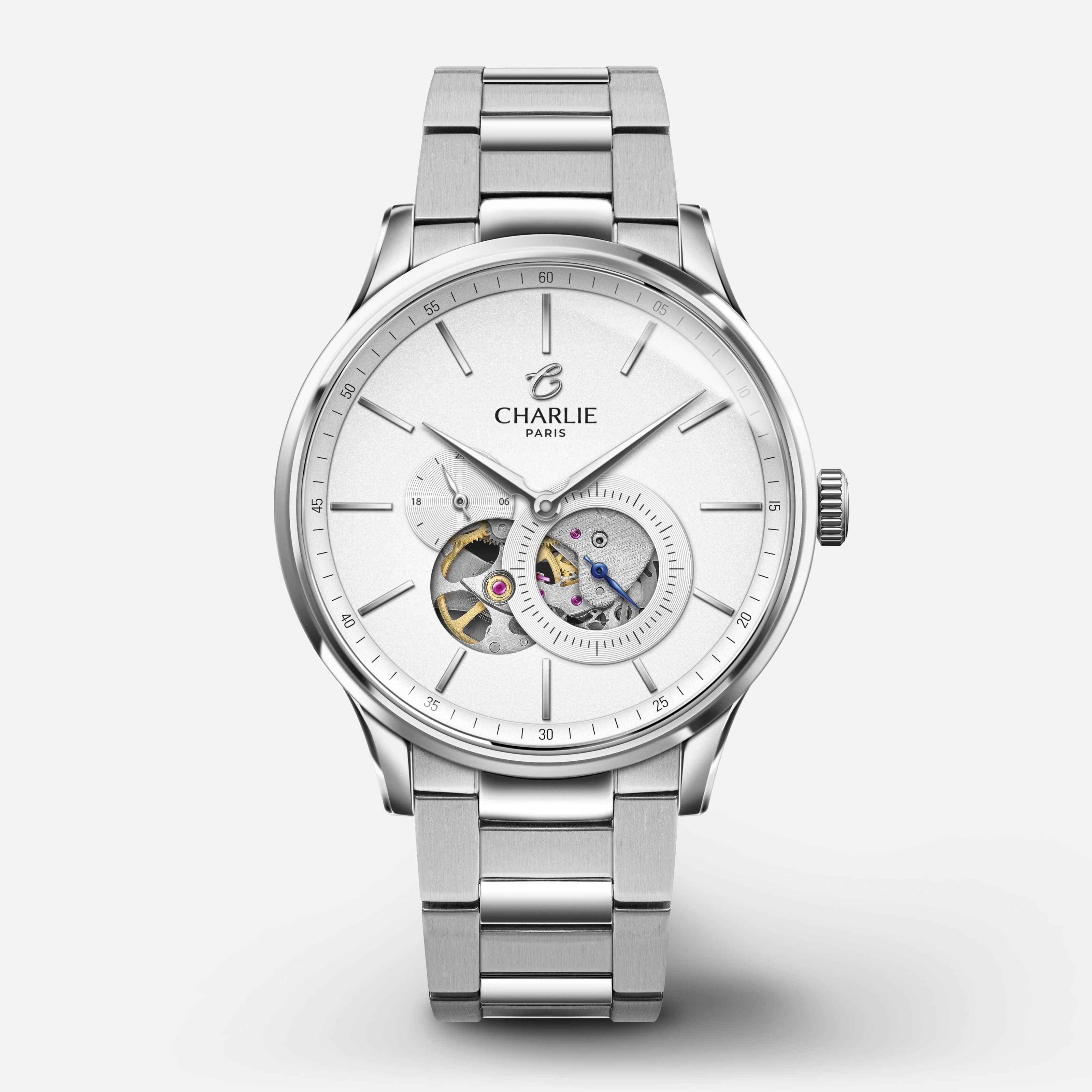 INITIAL - Automatique Cœur Ouvert - Blanc Montres CHARLIE Acier 3 maillons