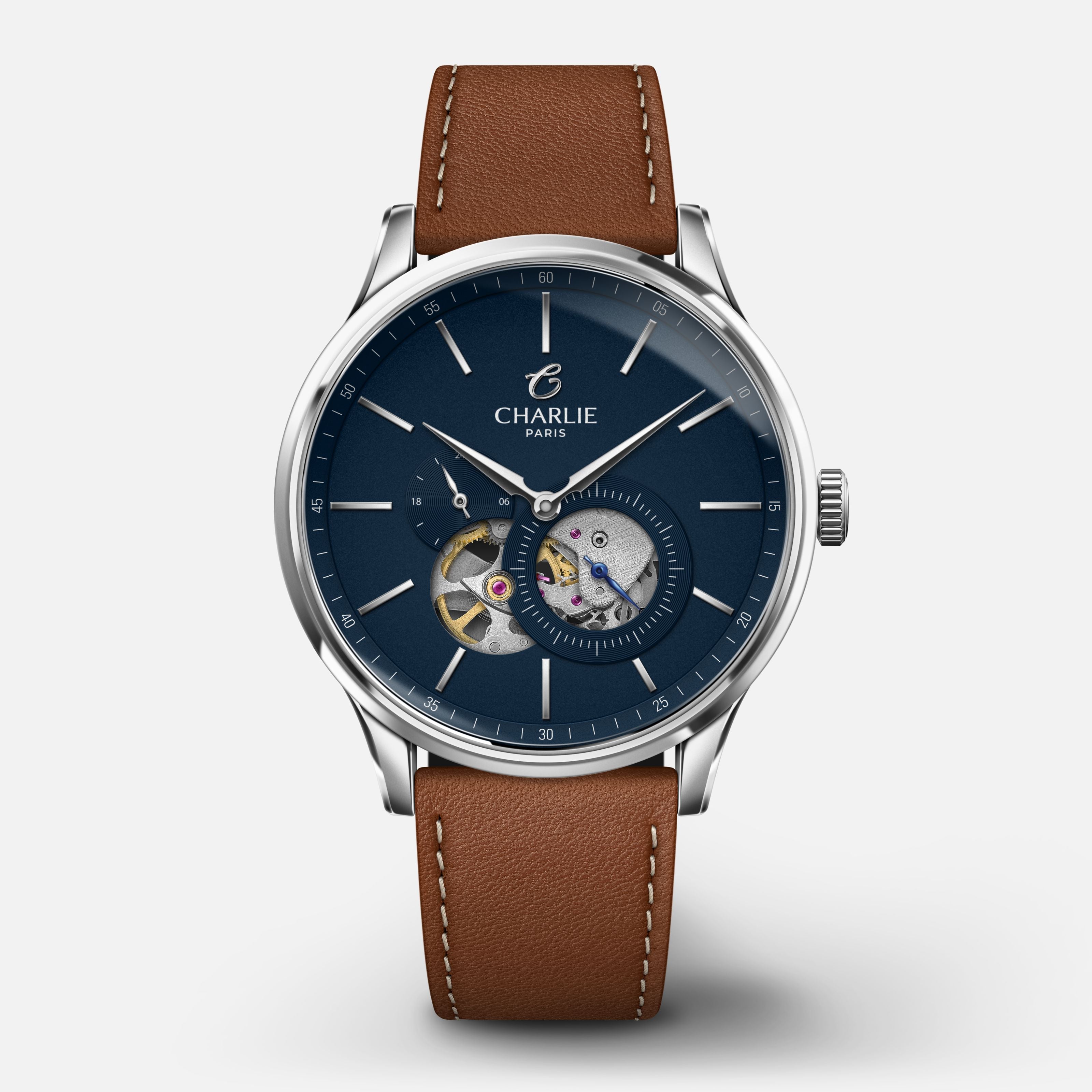 INITIAL - Automatique Cœur Ouvert - Bleu Montres CHARLIE Cuir marron