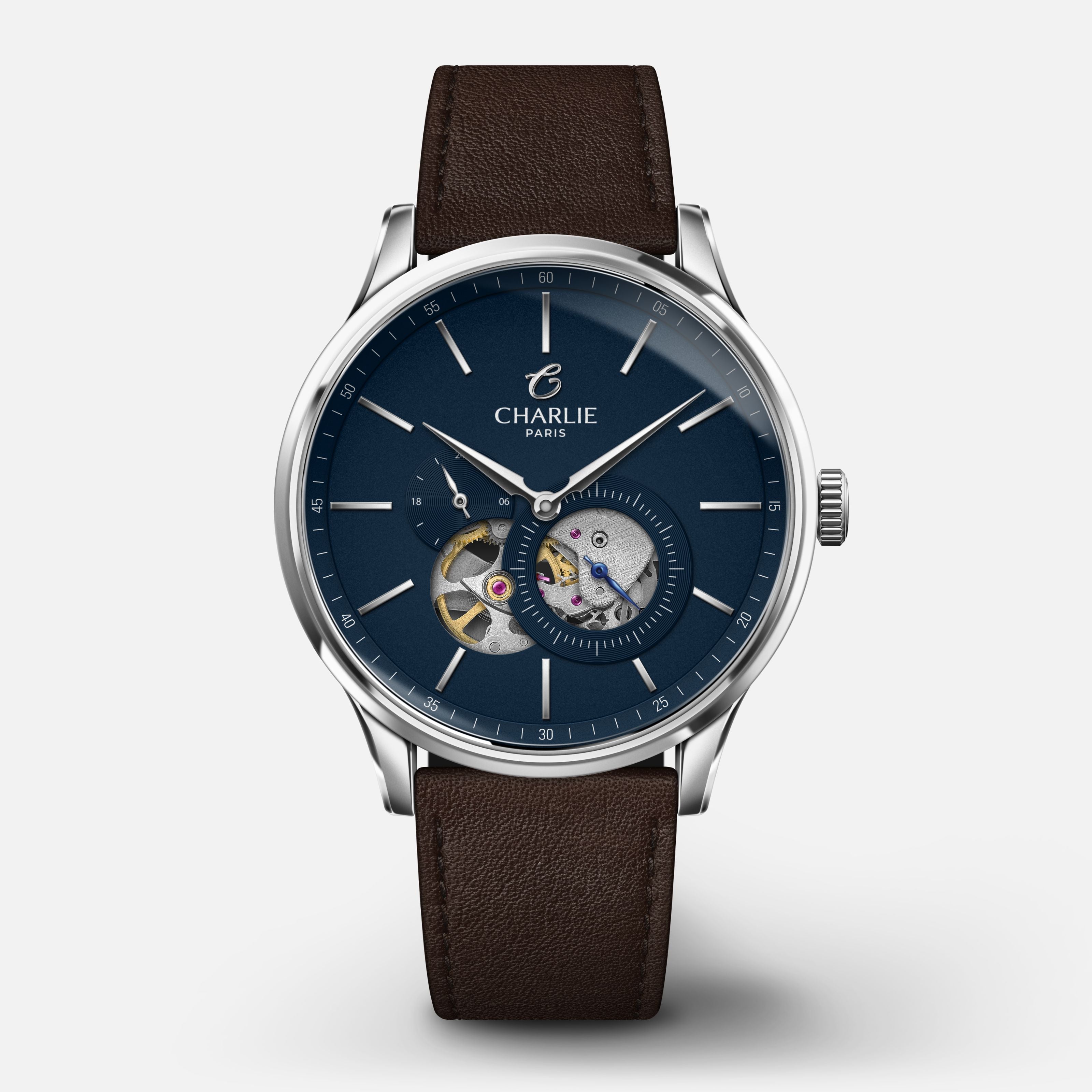 INITIAL - Automatique Cœur Ouvert - Bleu Montres CHARLIE Cuir chocolat