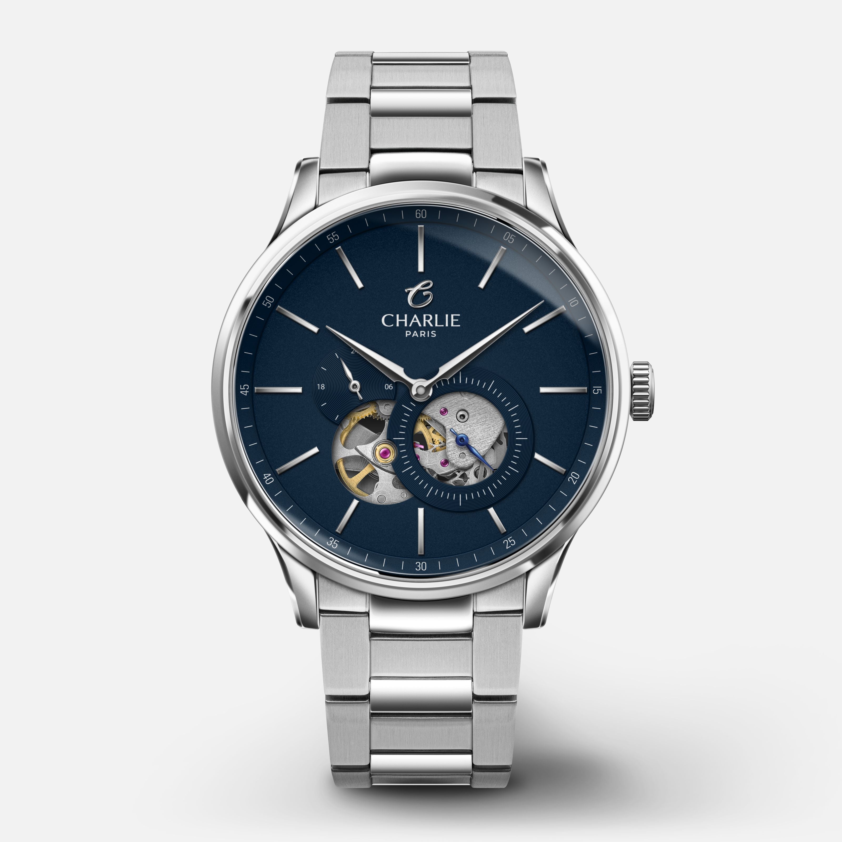 INITIAL - Automatique Cœur Ouvert - Bleu Montres CHARLIE Acier 3 maillons
