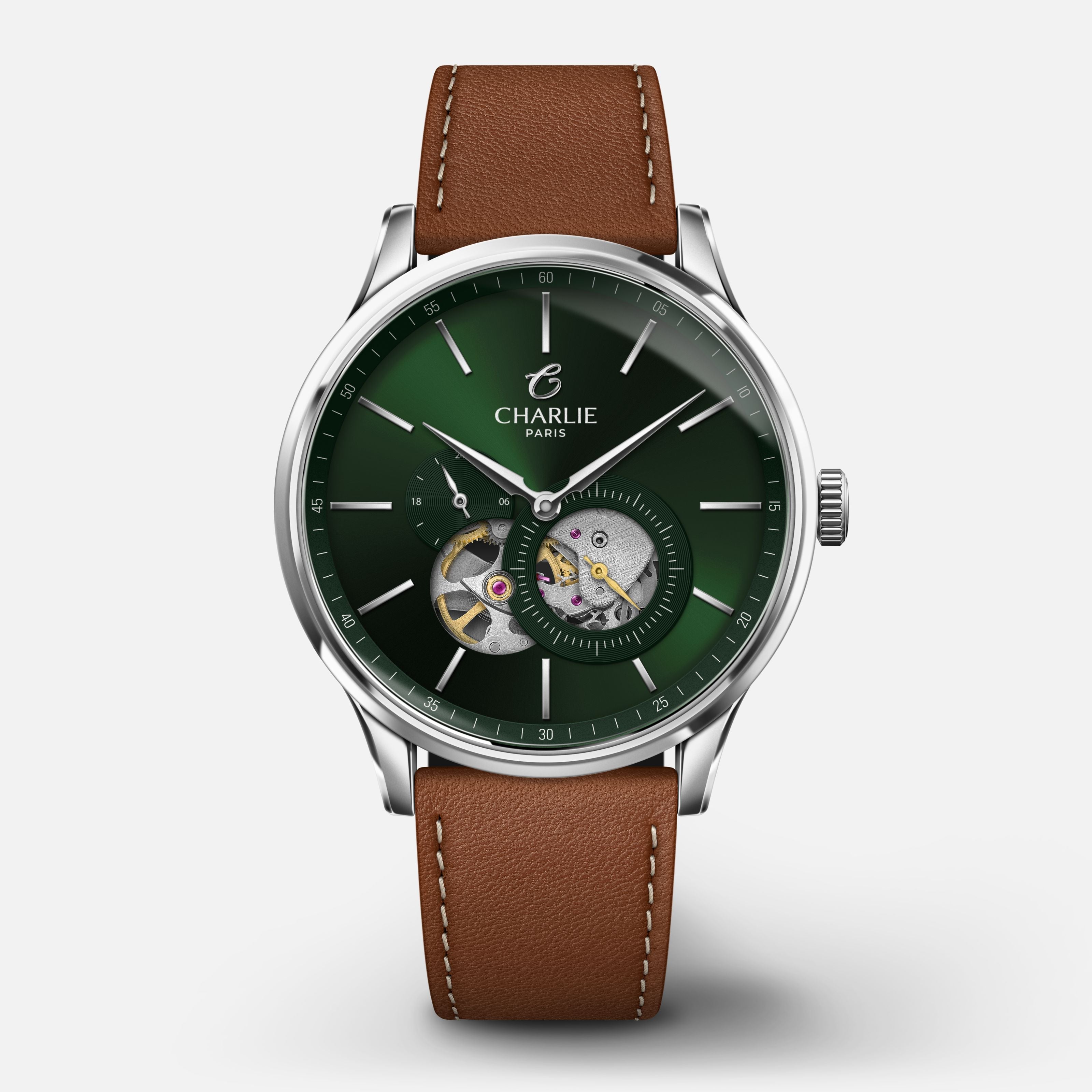 INITIAL - Automatique Cœur Ouvert - Vert Montres CHARLIE Cuir marron