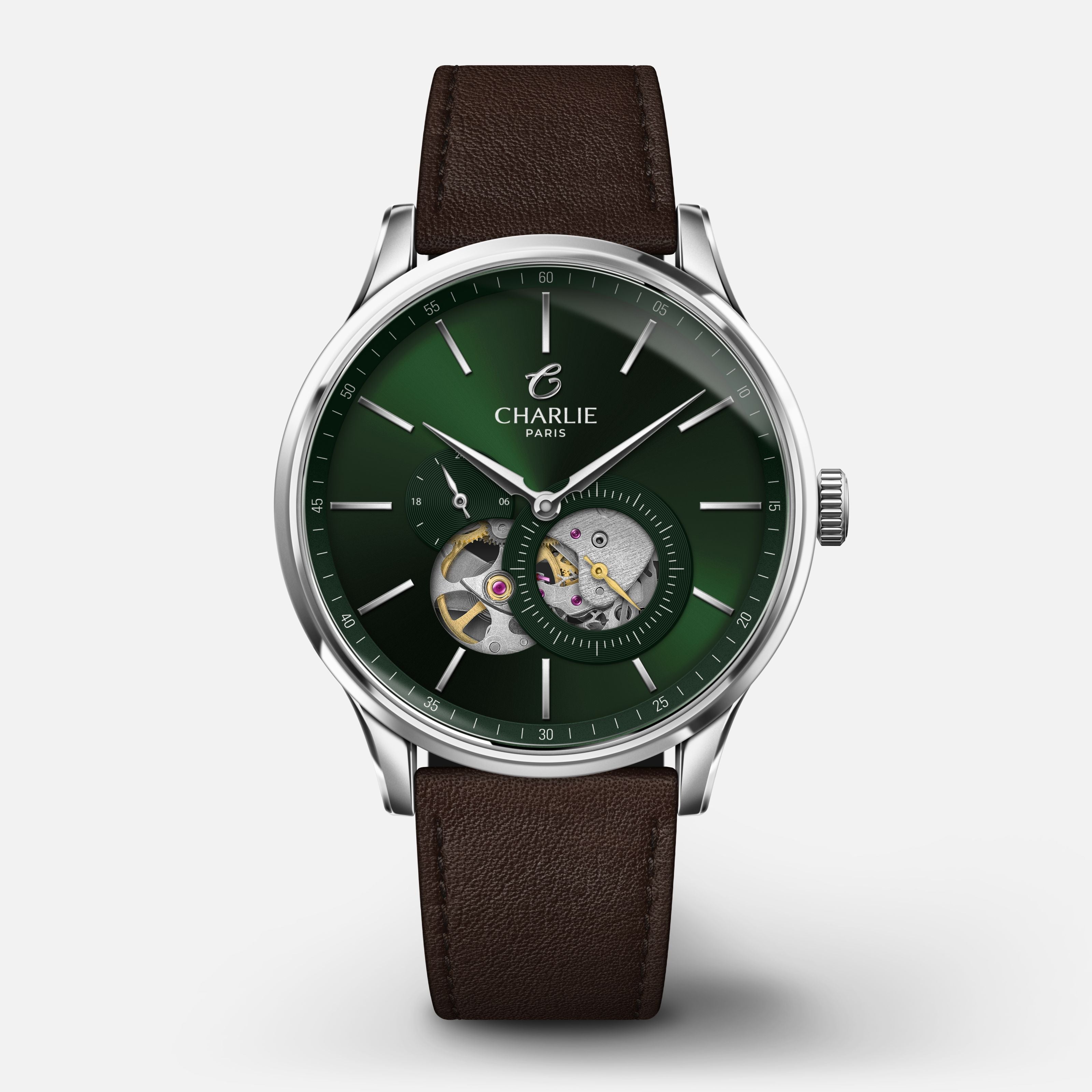 INITIAL - Automatique Cœur Ouvert - Vert Montres CHARLIE Cuir chocolat