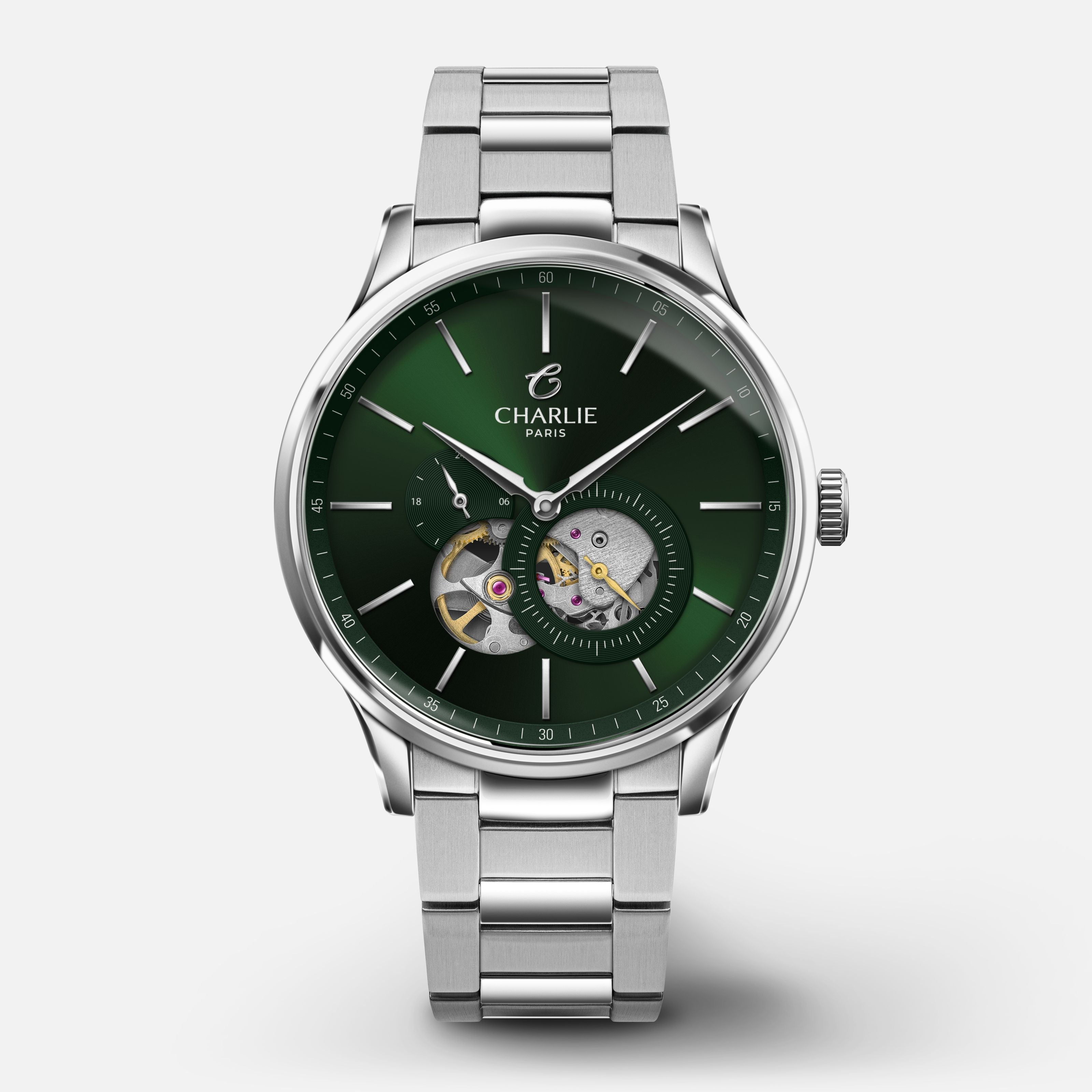 INITIAL - Automatique Cœur Ouvert - Vert Montres CHARLIE Acier 3 maillons