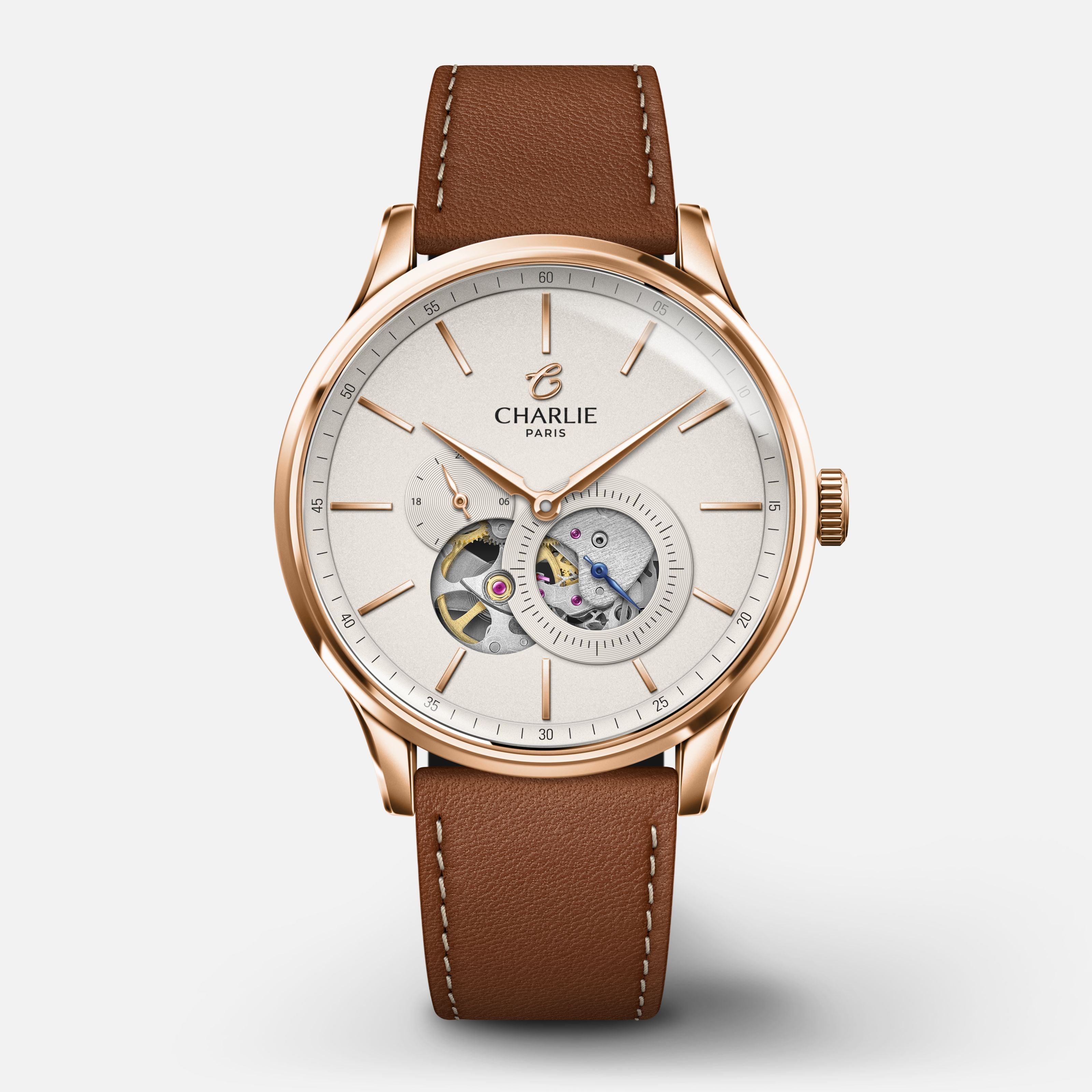 INITIAL - Automatique Cœur Ouvert - Doré rose Montres CHARLIE Cuir marron