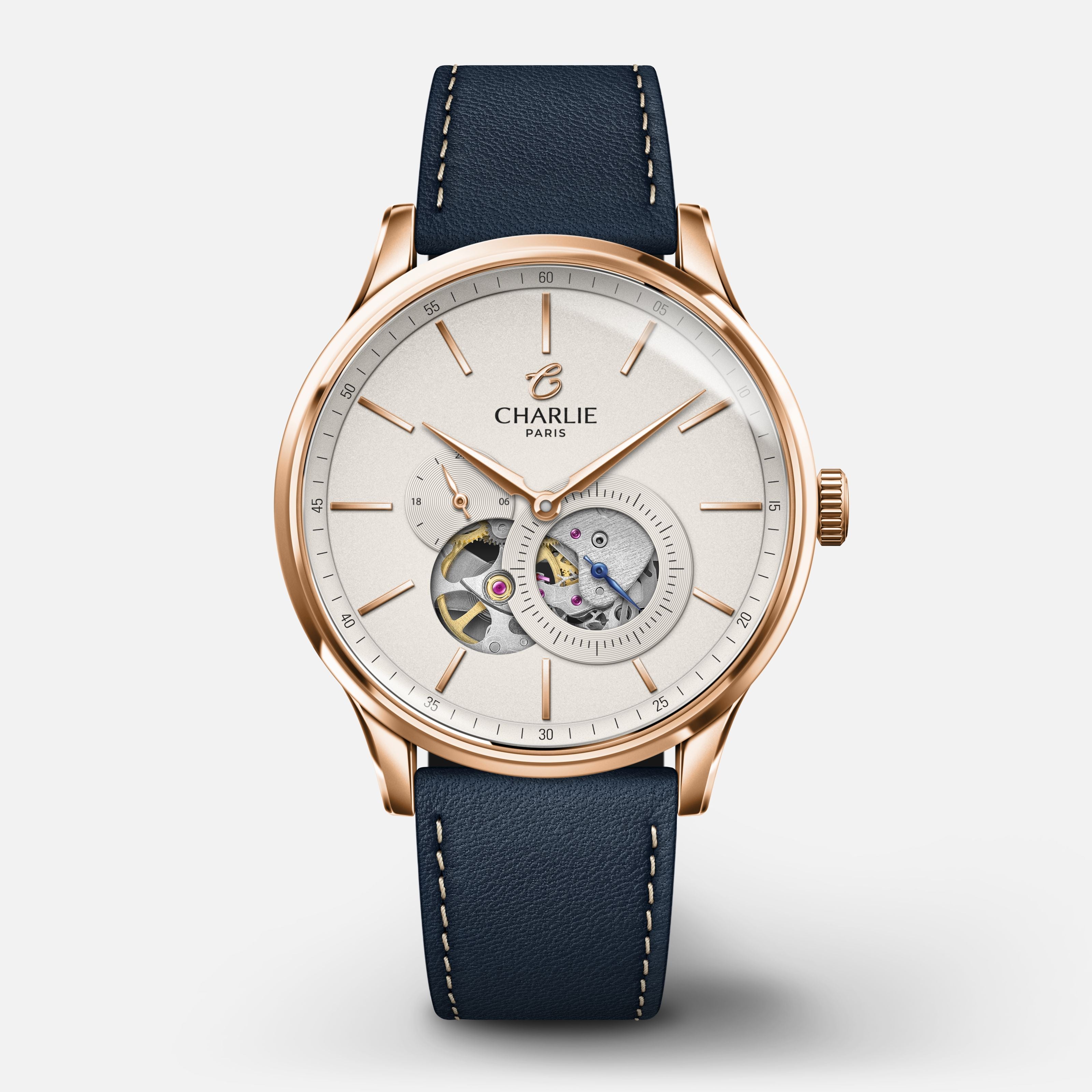 INITIAL - Automatique Cœur Ouvert - Doré rose Montres CHARLIE Cuir bleu