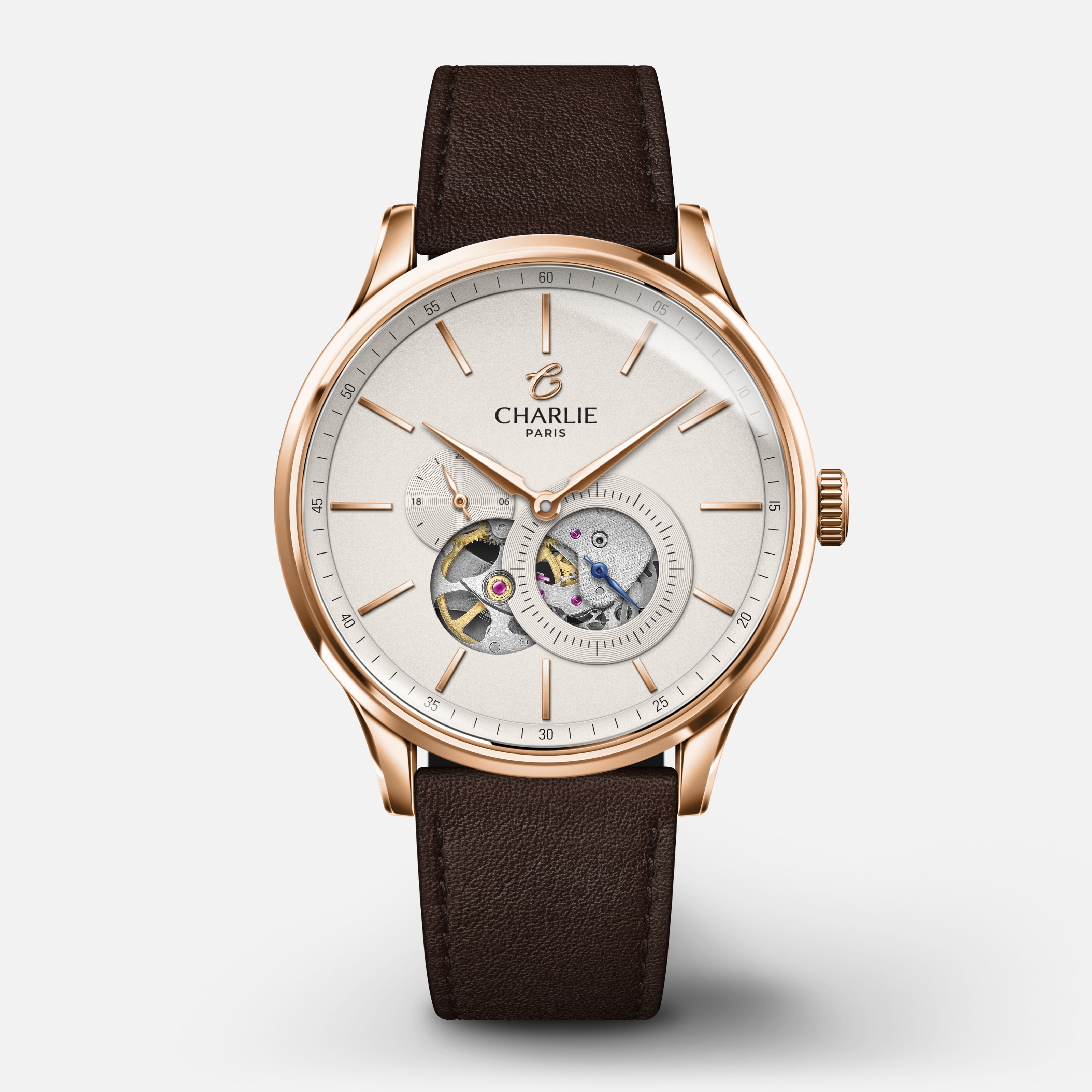 INITIAL - Automatique Cœur Ouvert - Doré rose Montres CHARLIE Cuir chocolat