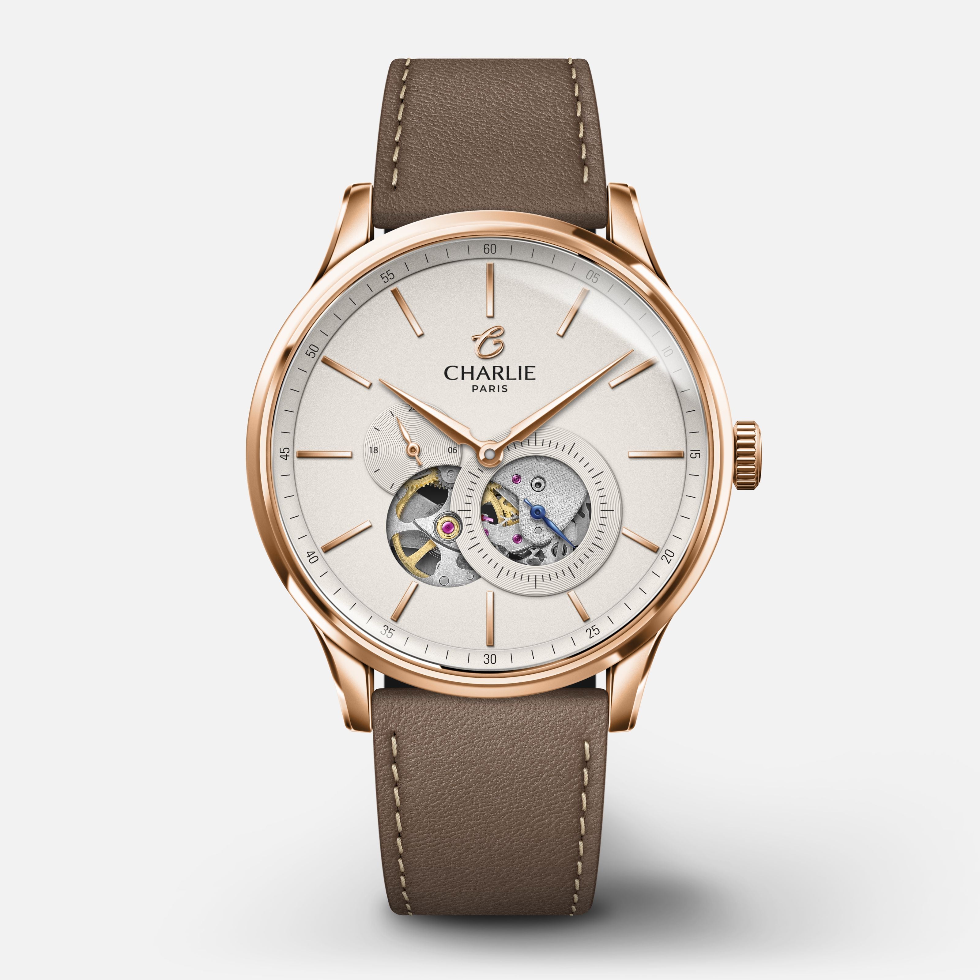 INITIAL - Automatique Cœur Ouvert - Doré rose Montres CHARLIE Cuir taupe