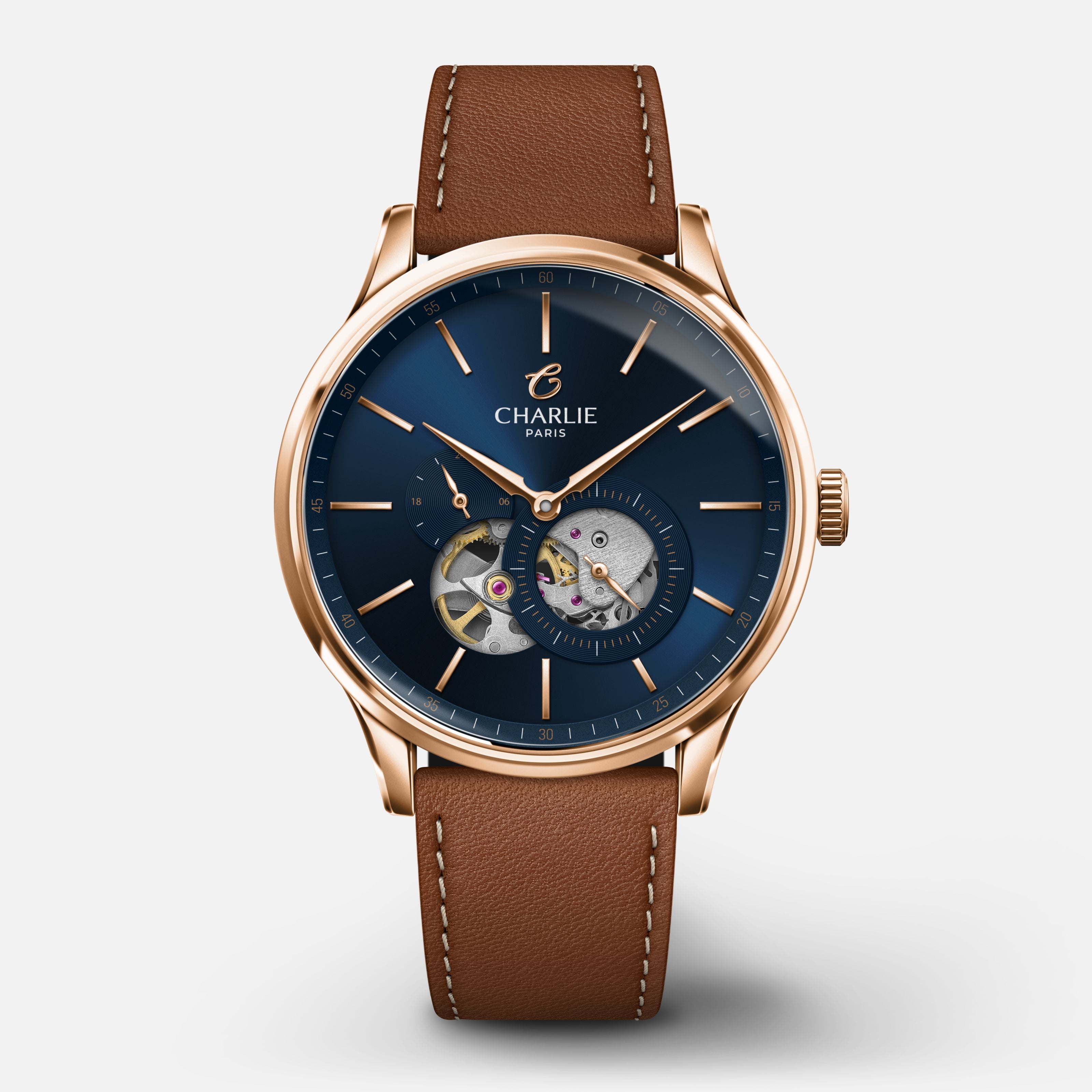 INITIAL - Automatique Cœur Ouvert - Doré rose/Bleu Montres CHARLIE Cuir marron
