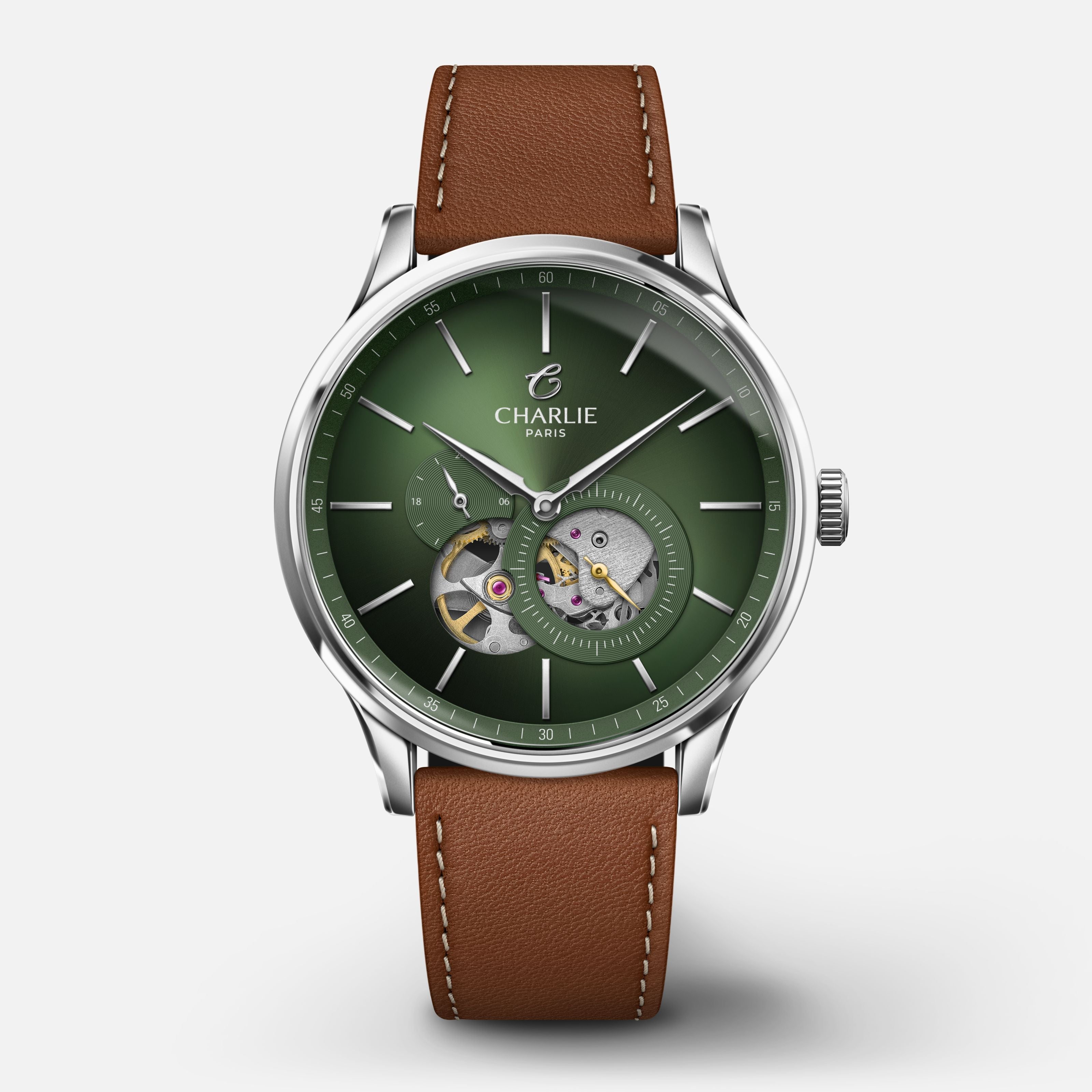 INITIAL - Automatique Cœur Ouvert - Sauge Montres CHARLIE Cuir marron