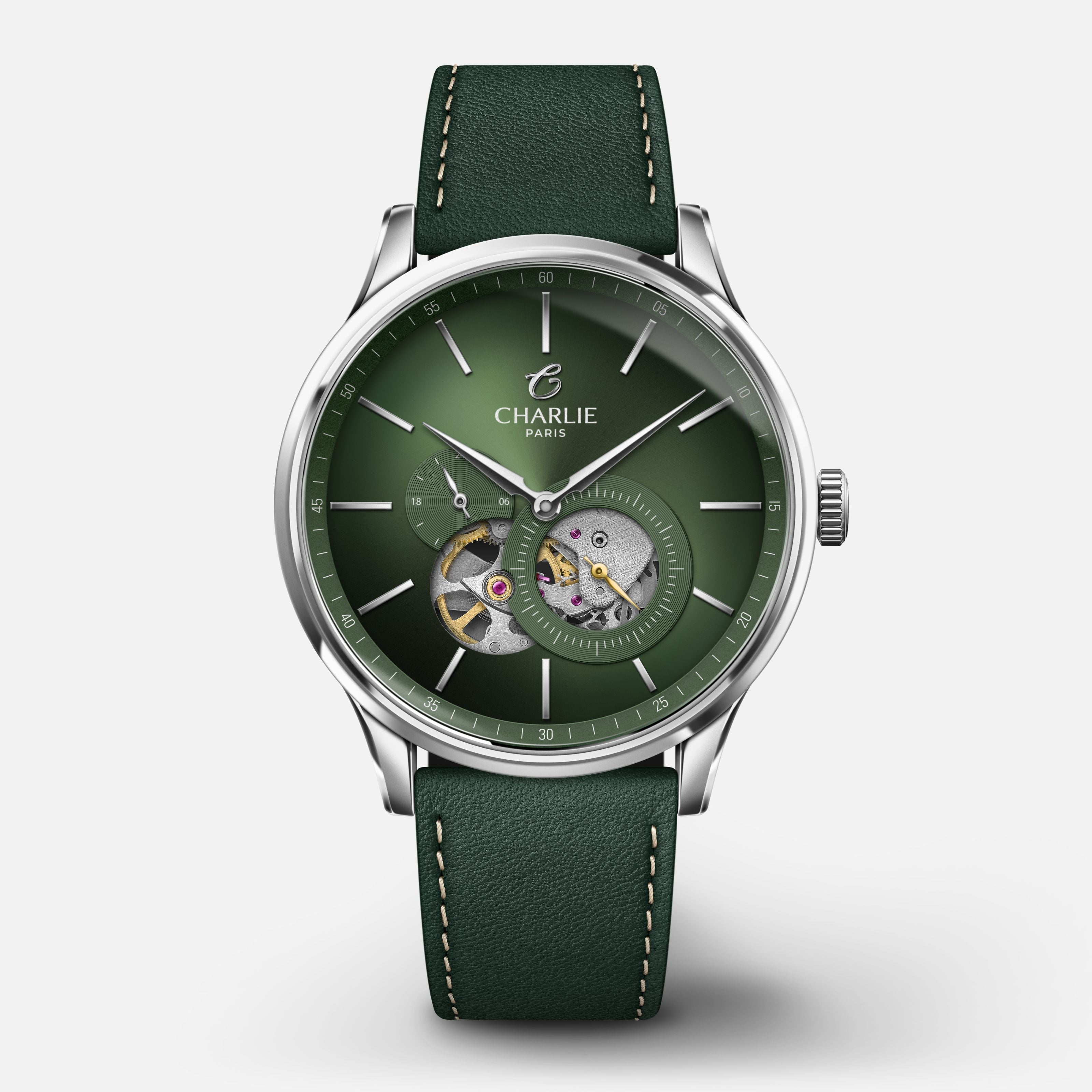 INITIAL - Automatique Cœur Ouvert - Sauge Montres CHARLIE Cuir vert