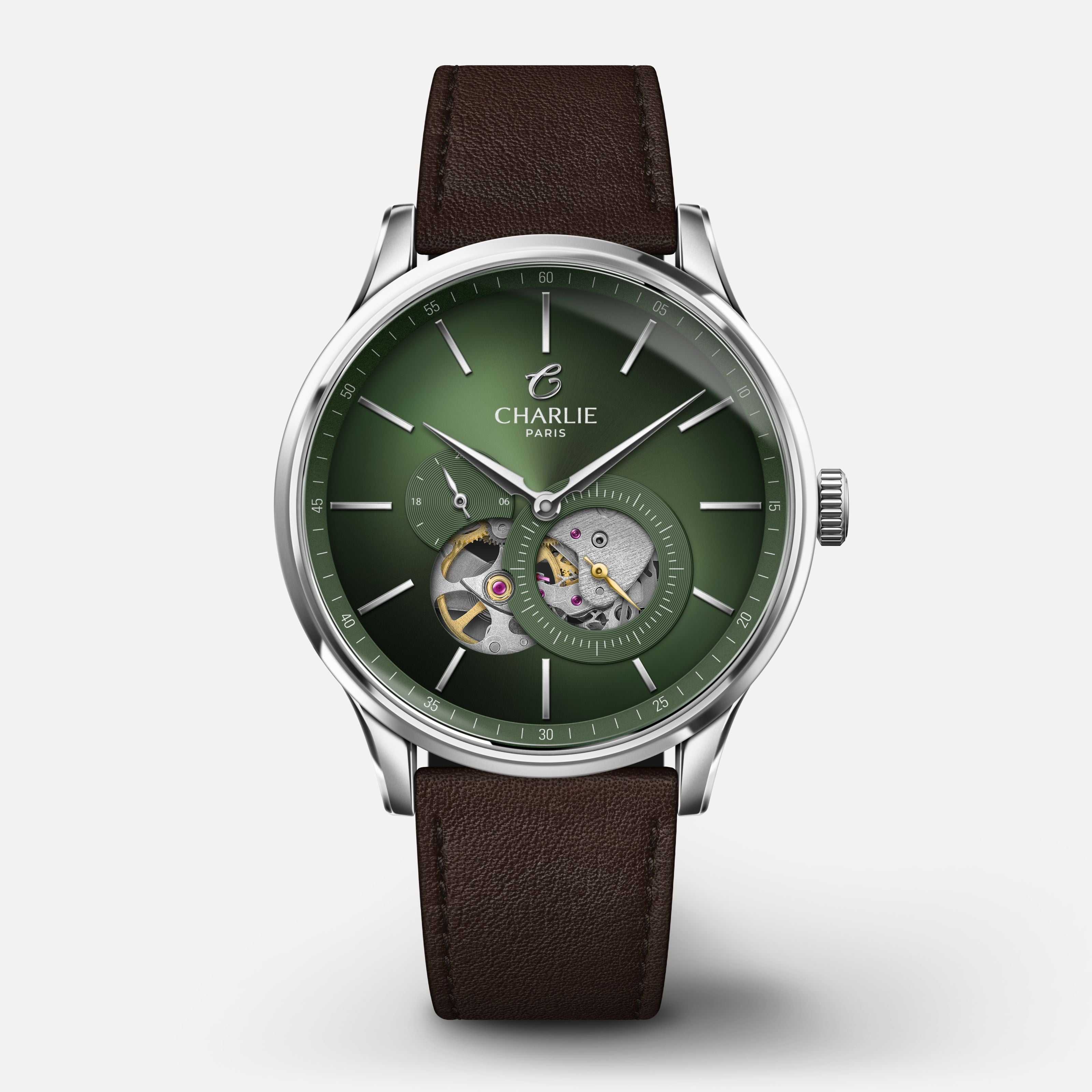 INITIAL - Automatique Cœur Ouvert - Sauge Montres CHARLIE Cuir chocolat