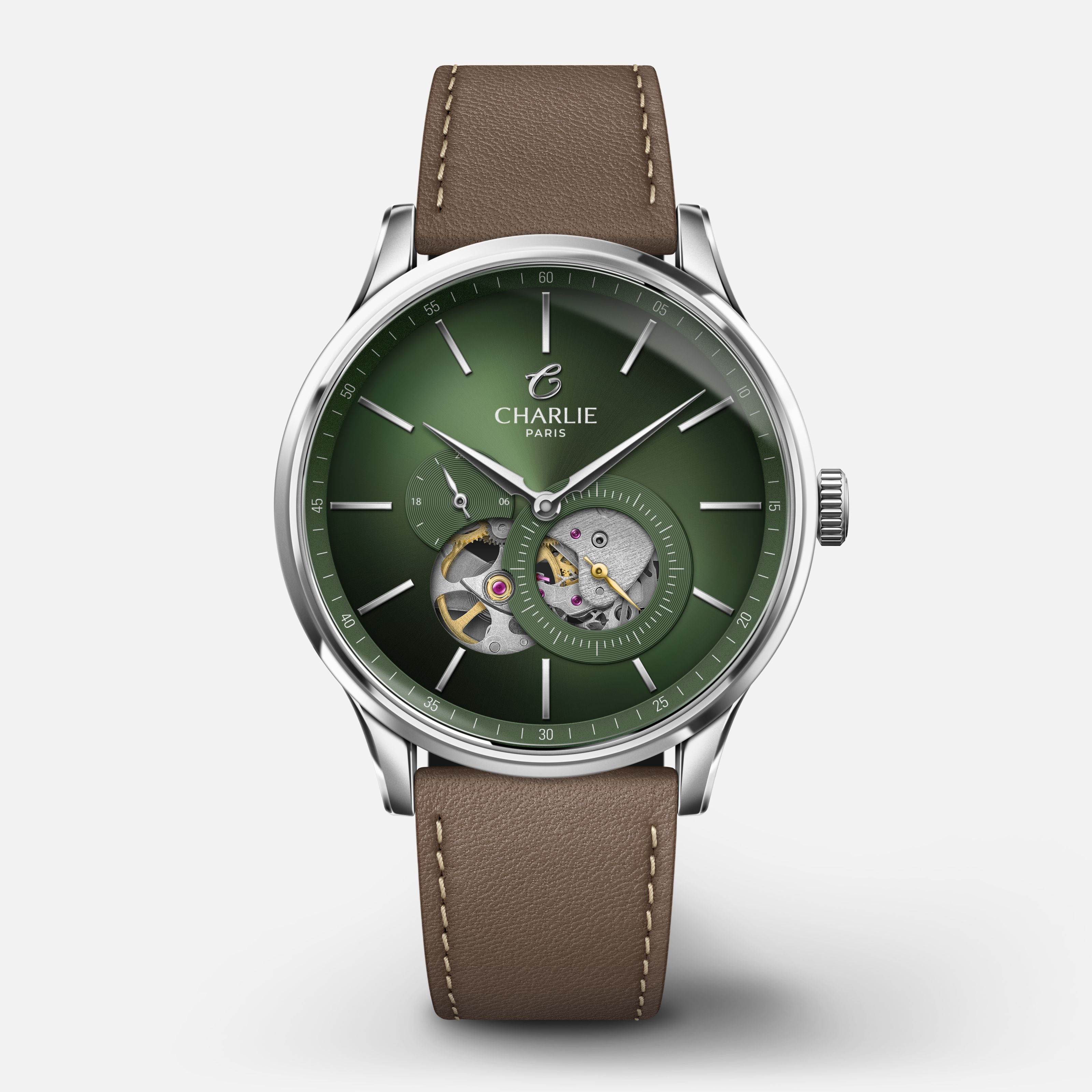 INITIAL - Automatique Cœur Ouvert - Sauge Montres CHARLIE Cuir taupe