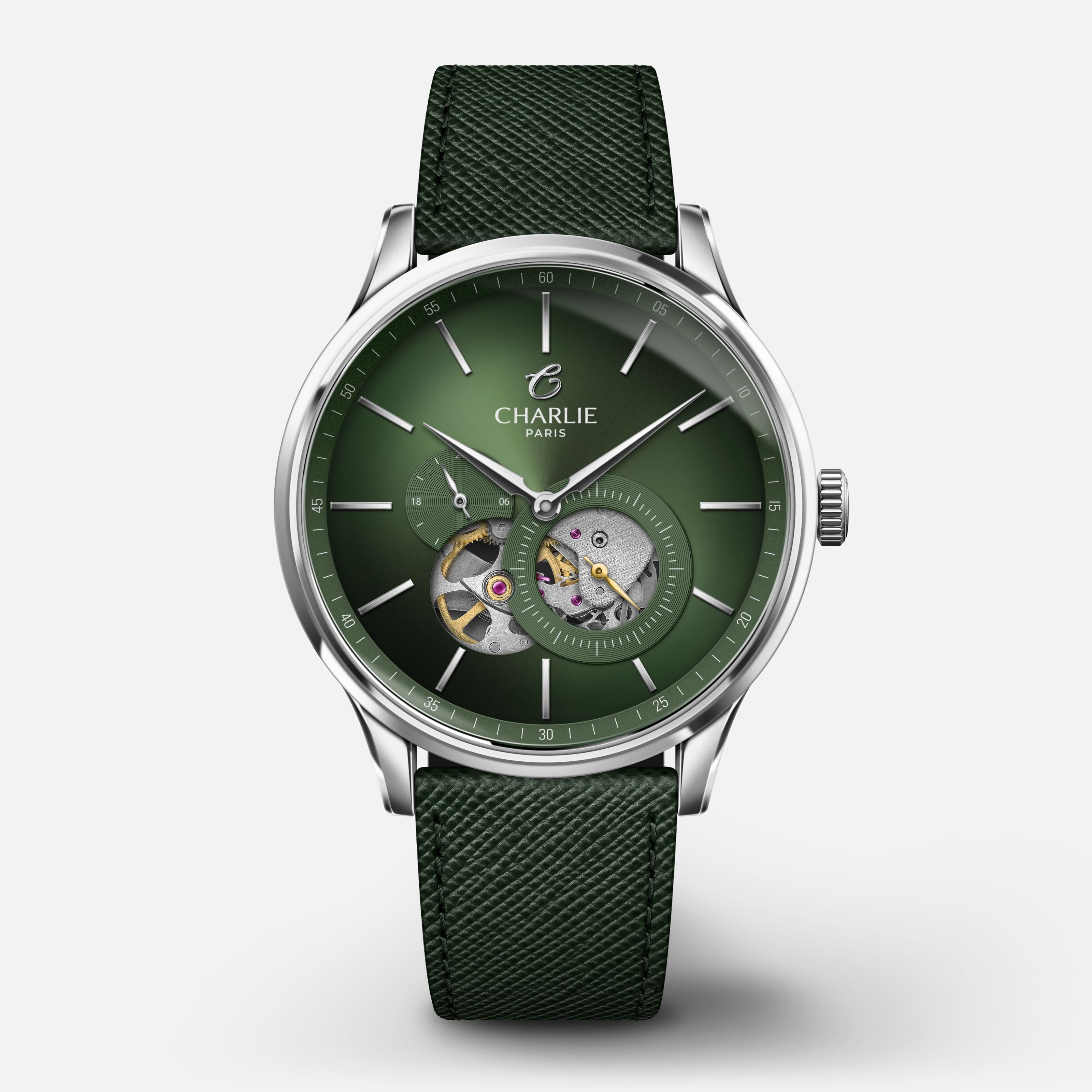 INITIAL - Automatique Cœur Ouvert - Sauge Montres CHARLIE Cuir saffiano vert
