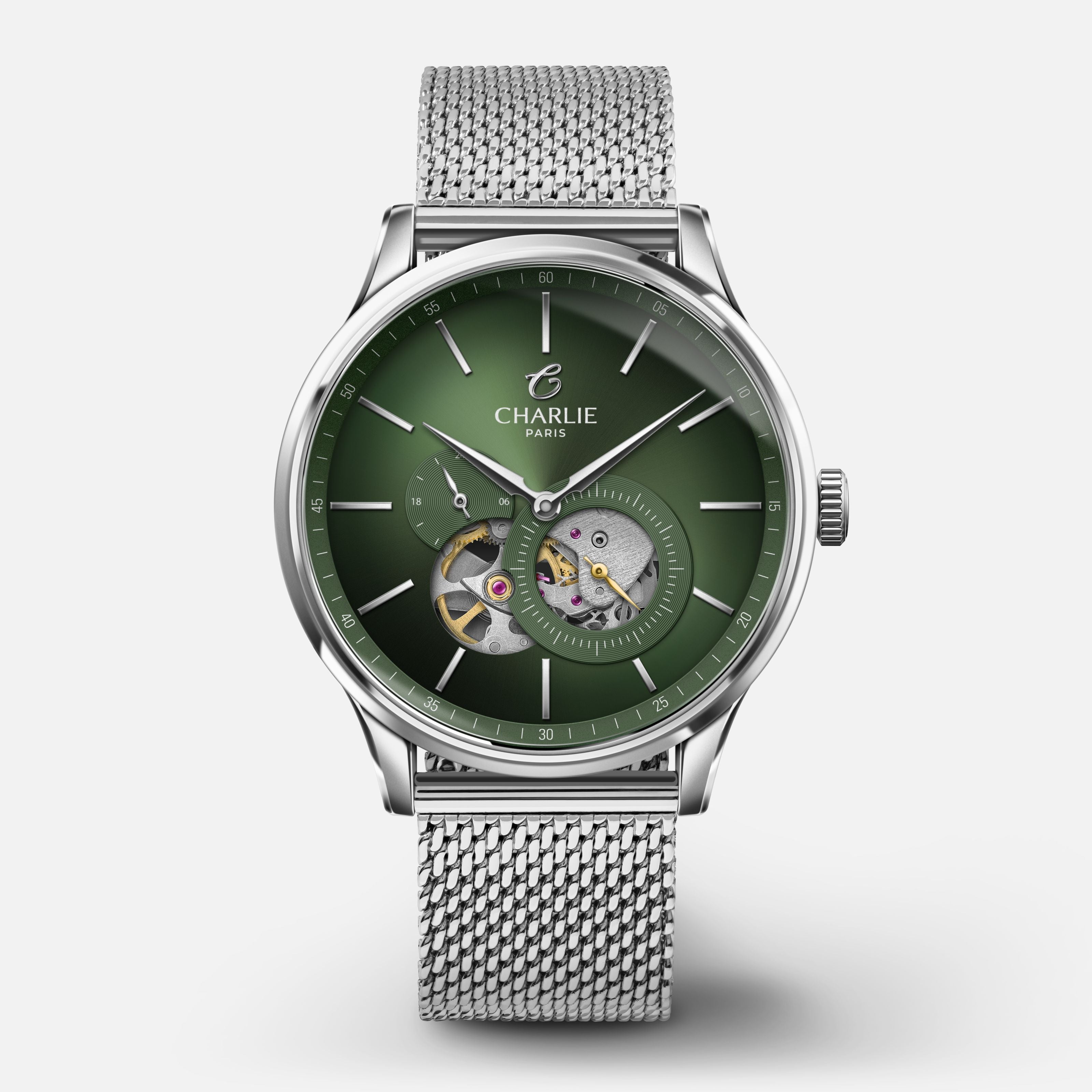 INITIAL - Automatique Cœur Ouvert - Sauge Montres CHARLIE Maille milanaise acier