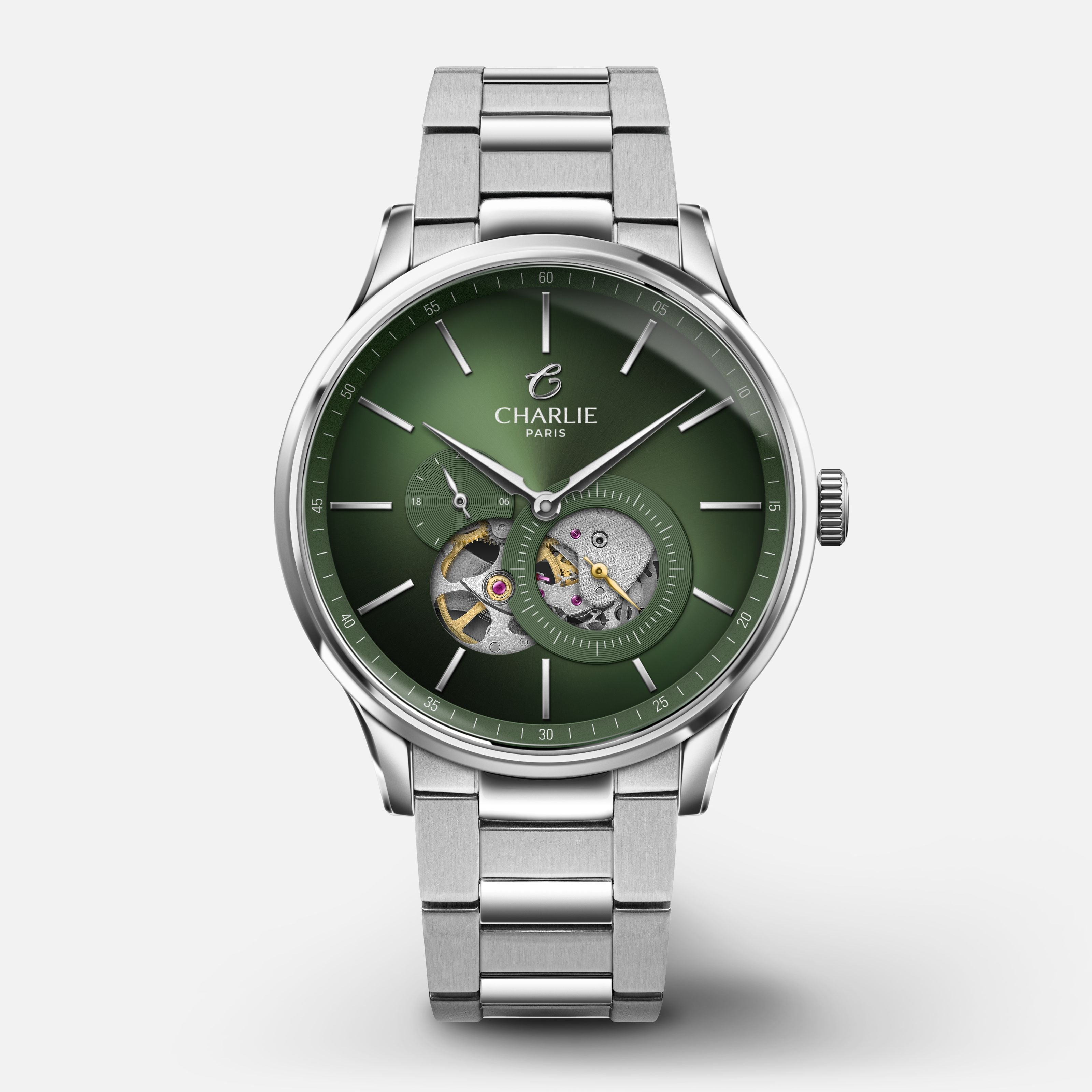 INITIAL - Automatique Cœur Ouvert - Sauge Montres CHARLIE Bracelet acier