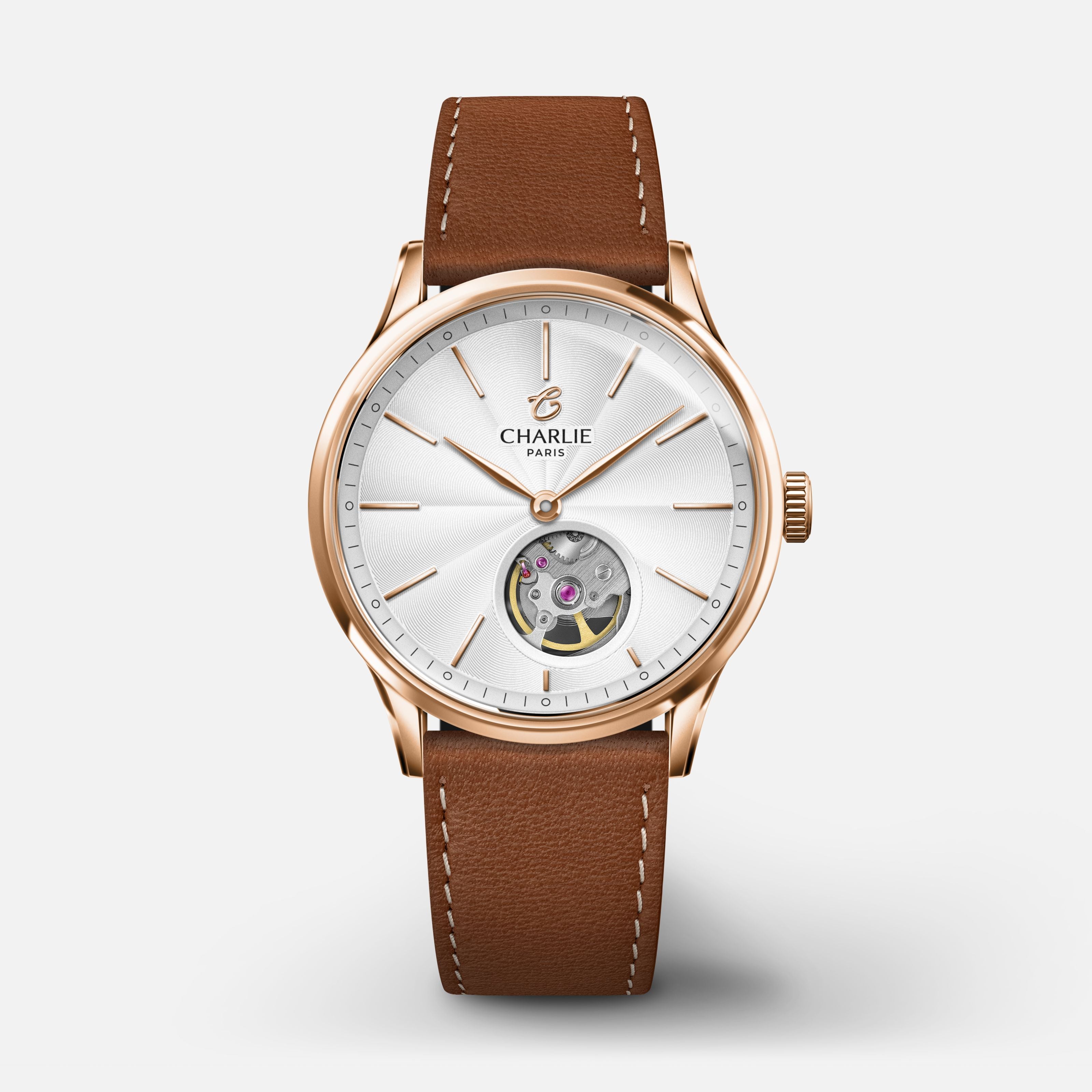 INITIAL 35 - Automatique Cœur Ouvert - Doré rose Montres CHARLIE Cuir marron