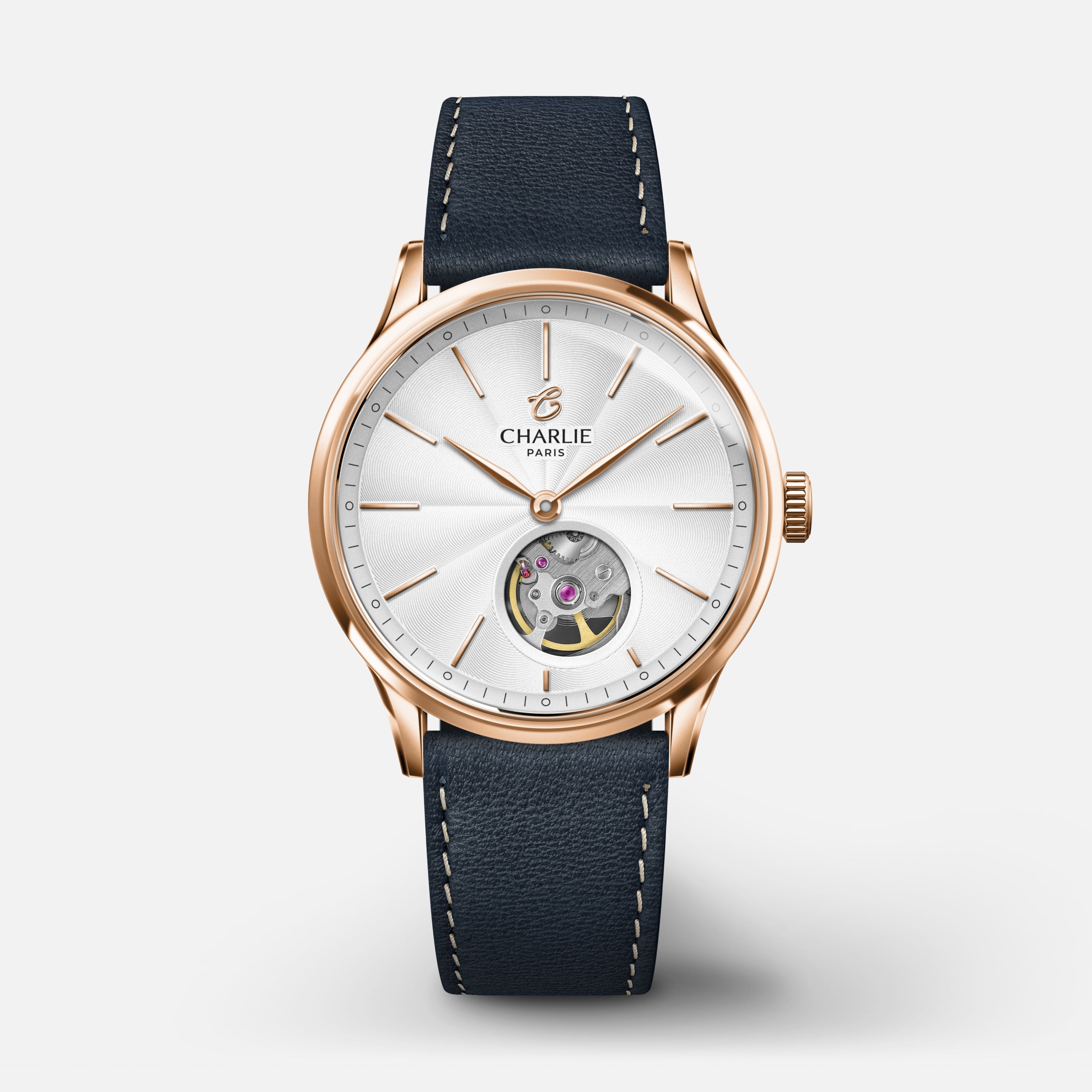 INITIAL 35 - Automatique Cœur Ouvert - Doré rose Montres CHARLIE Cuir bleu