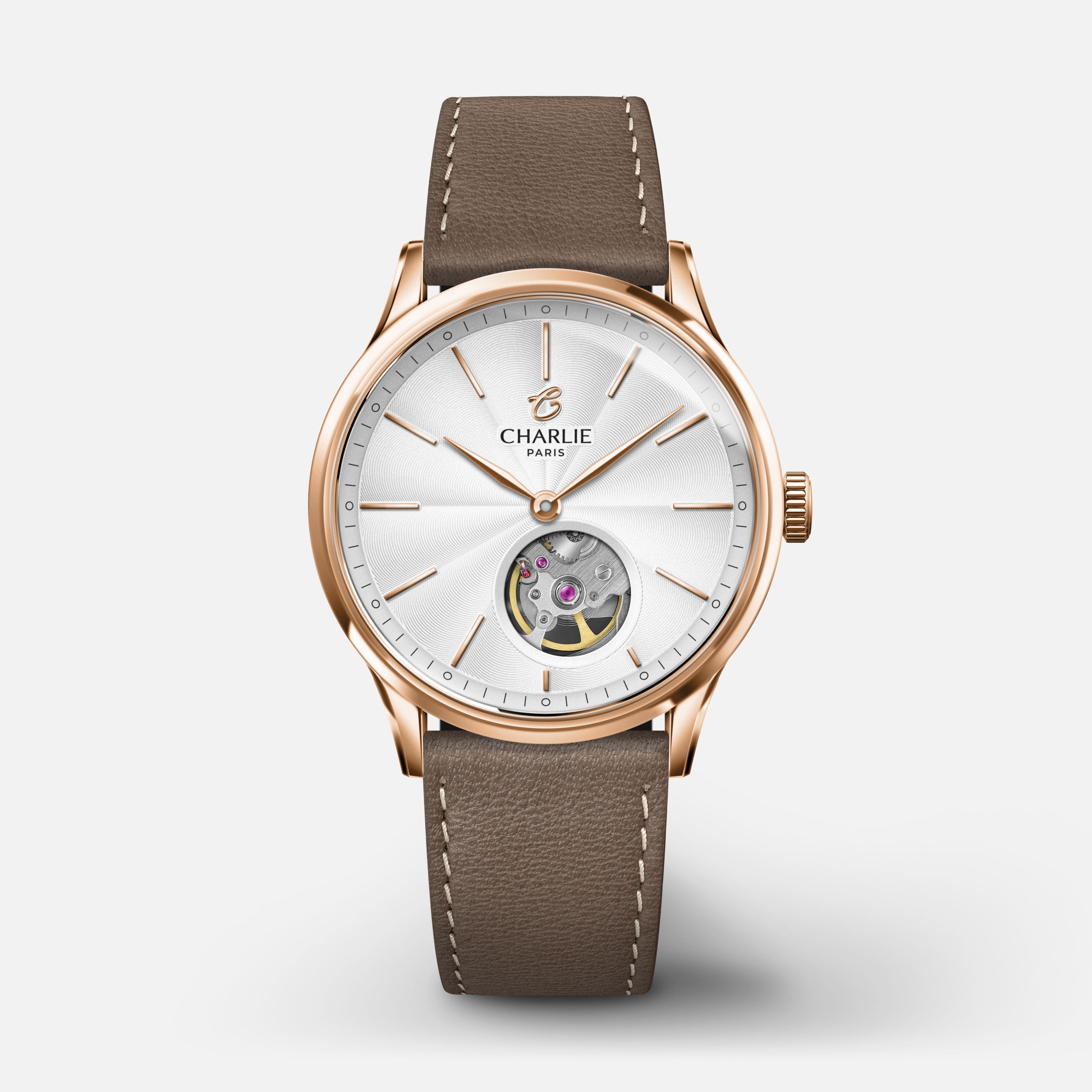 INITIAL 35 - Automatique Cœur Ouvert - Doré rose Montres CHARLIE Cuir taupe