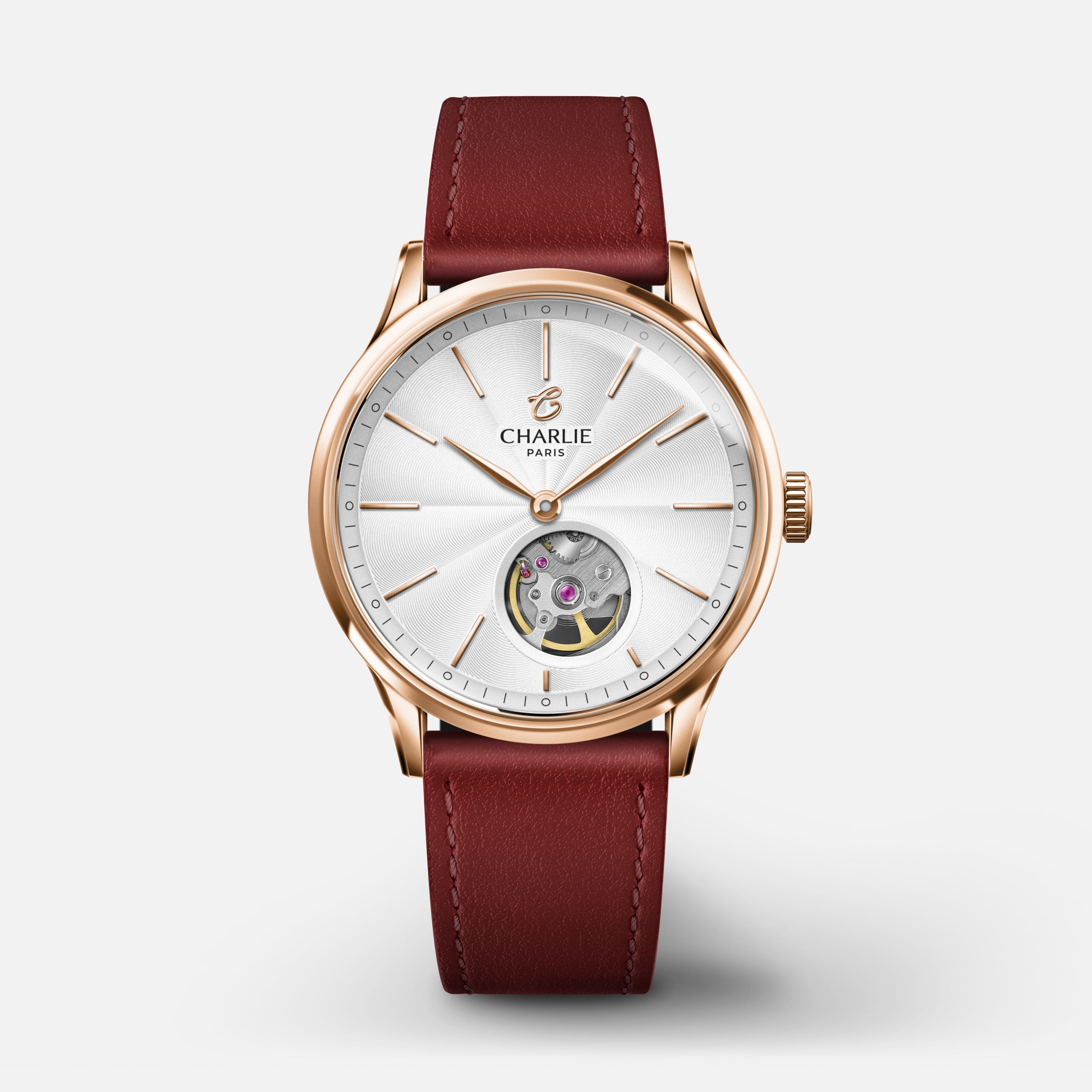 INITIAL 35 - Automatique Cœur Ouvert - Doré rose Montres CHARLIE Cuir bordeaux
