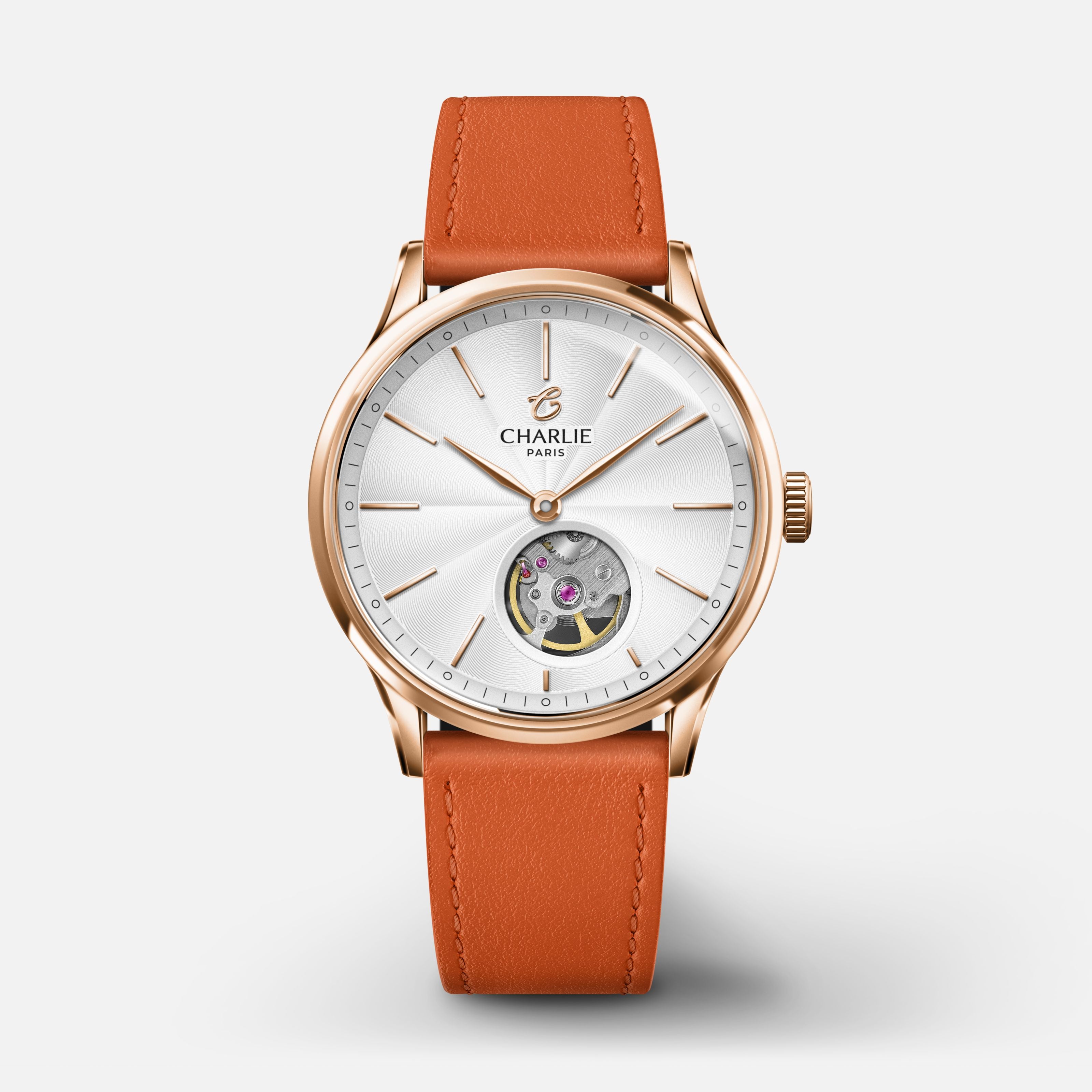 INITIAL 35 - Automatique Cœur Ouvert - Doré rose Montres CHARLIE Cuir mandarine