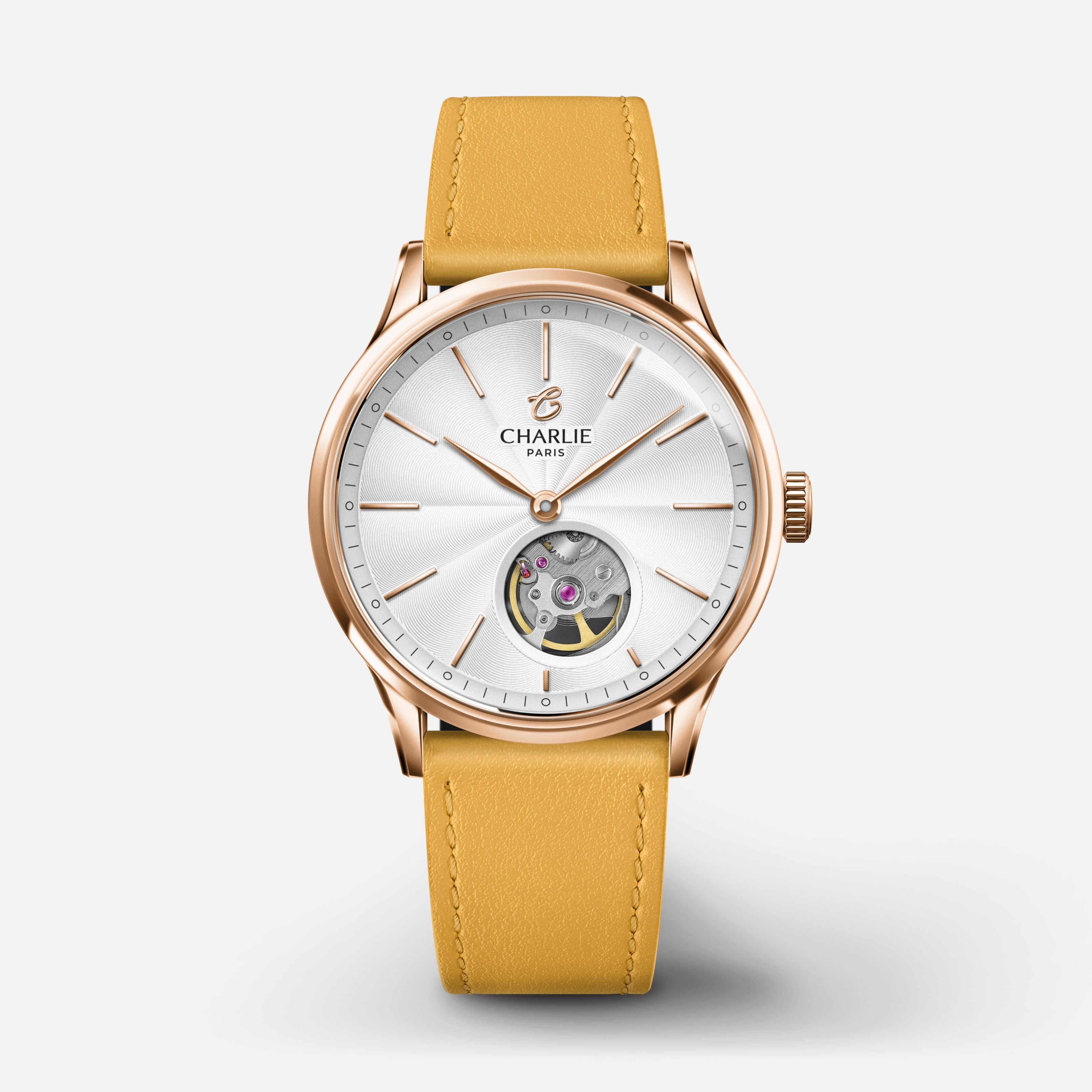 INITIAL 35 - Automatique Cœur Ouvert - Doré rose Montres CHARLIE Cuir jaune toscan