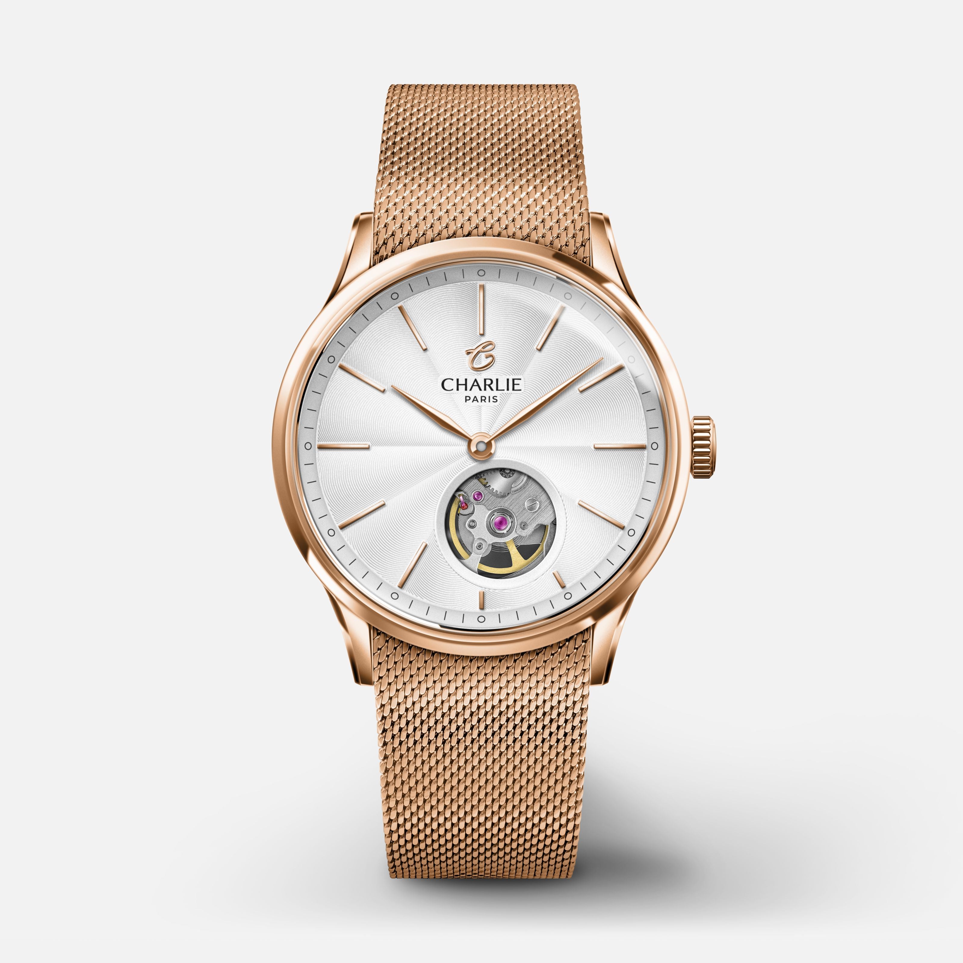 INITIAL 35 - Automatique Cœur Ouvert - Doré rose Montres CHARLIE Maille milanaise