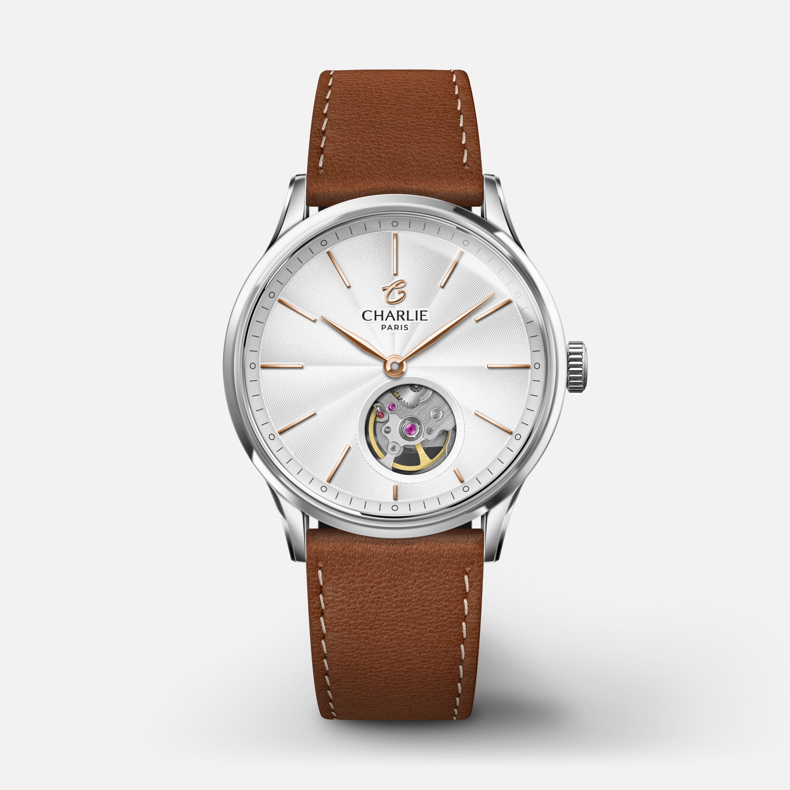 INITIAL 35 - Automatique Cœur Ouvert - Acier Montres CHARLIE Cuir marron