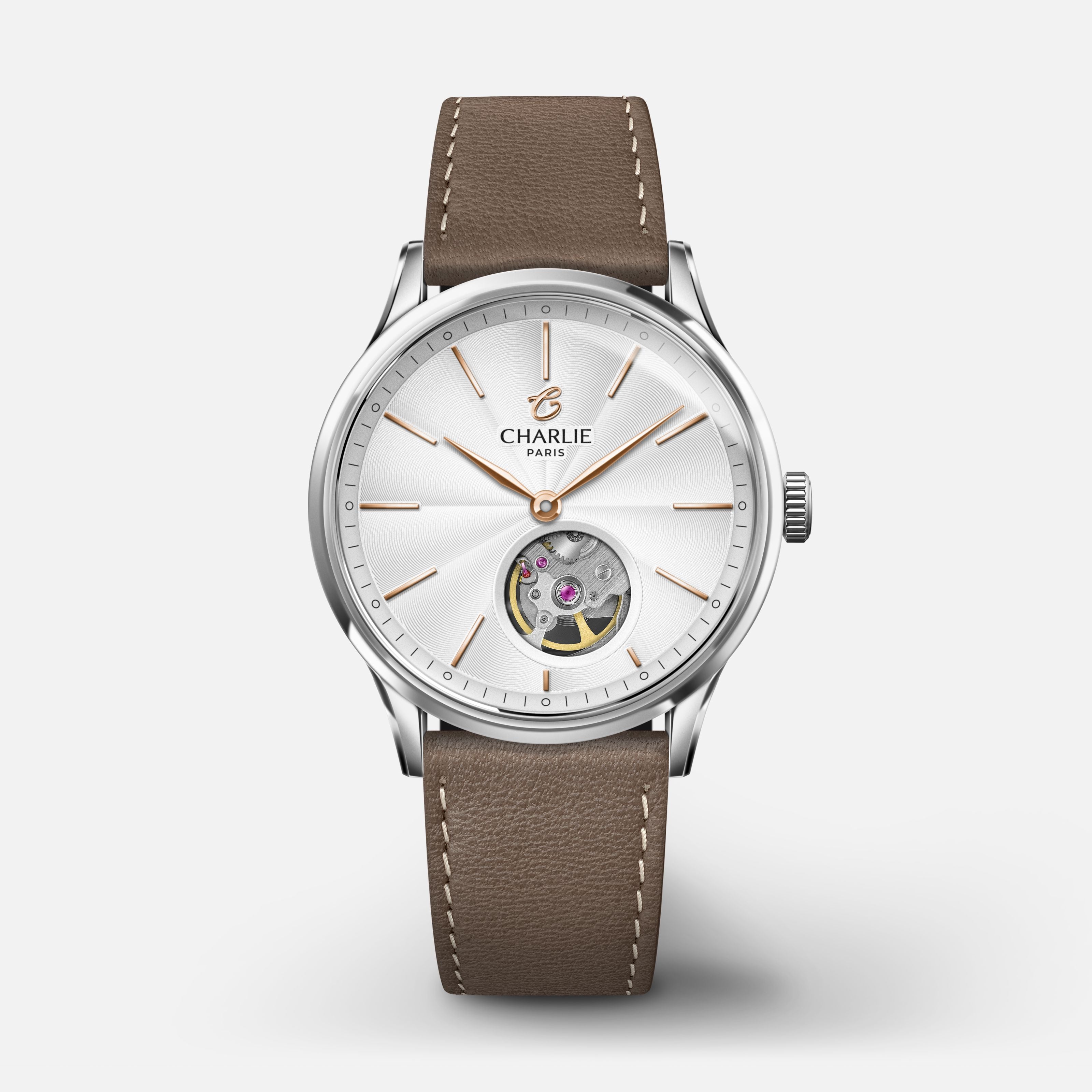 INITIAL 35 - Automatique Cœur Ouvert - Acier Montres CHARLIE Cuir taupe