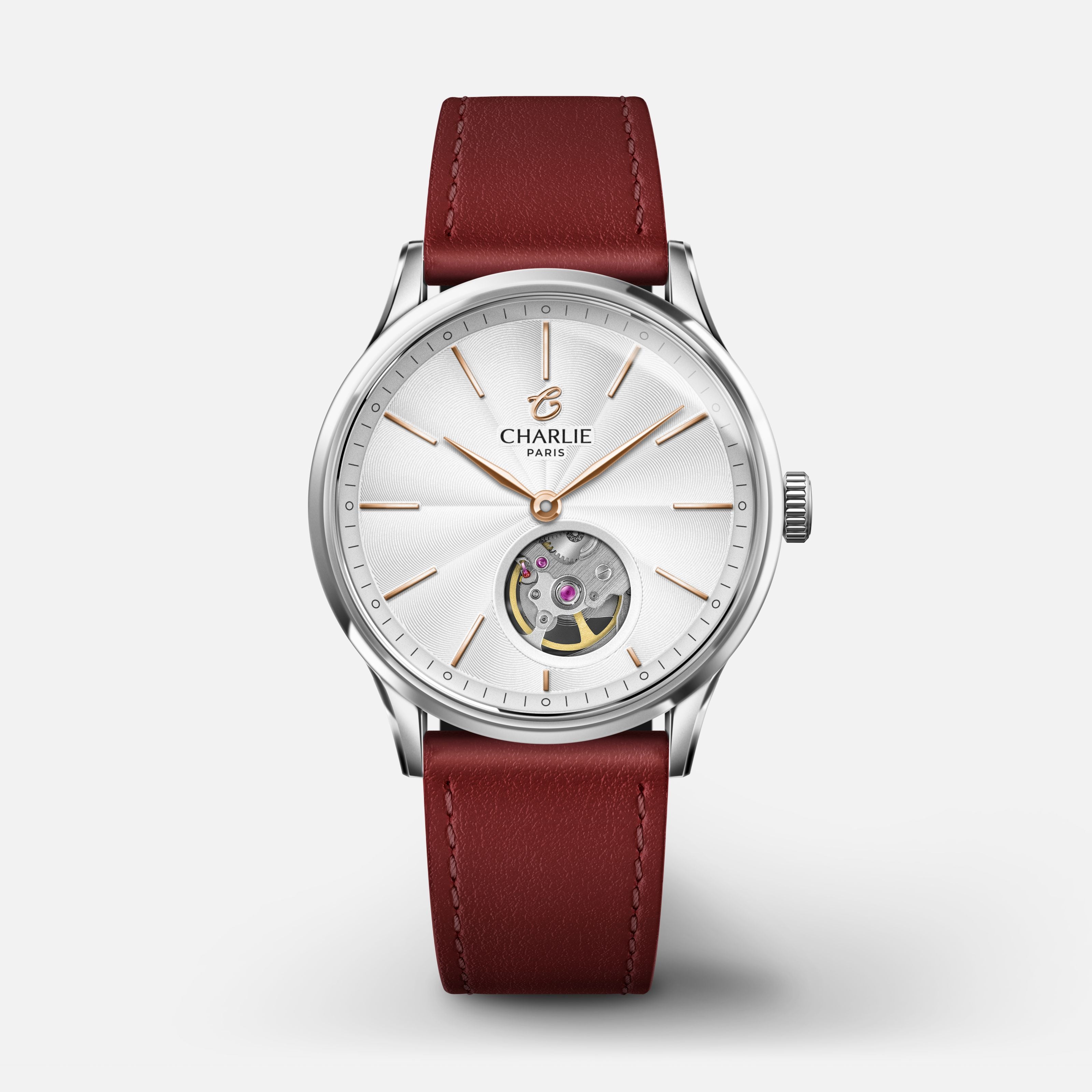 INITIAL 35 - Automatique Cœur Ouvert - Acier Montres CHARLIE Cuir bordeaux