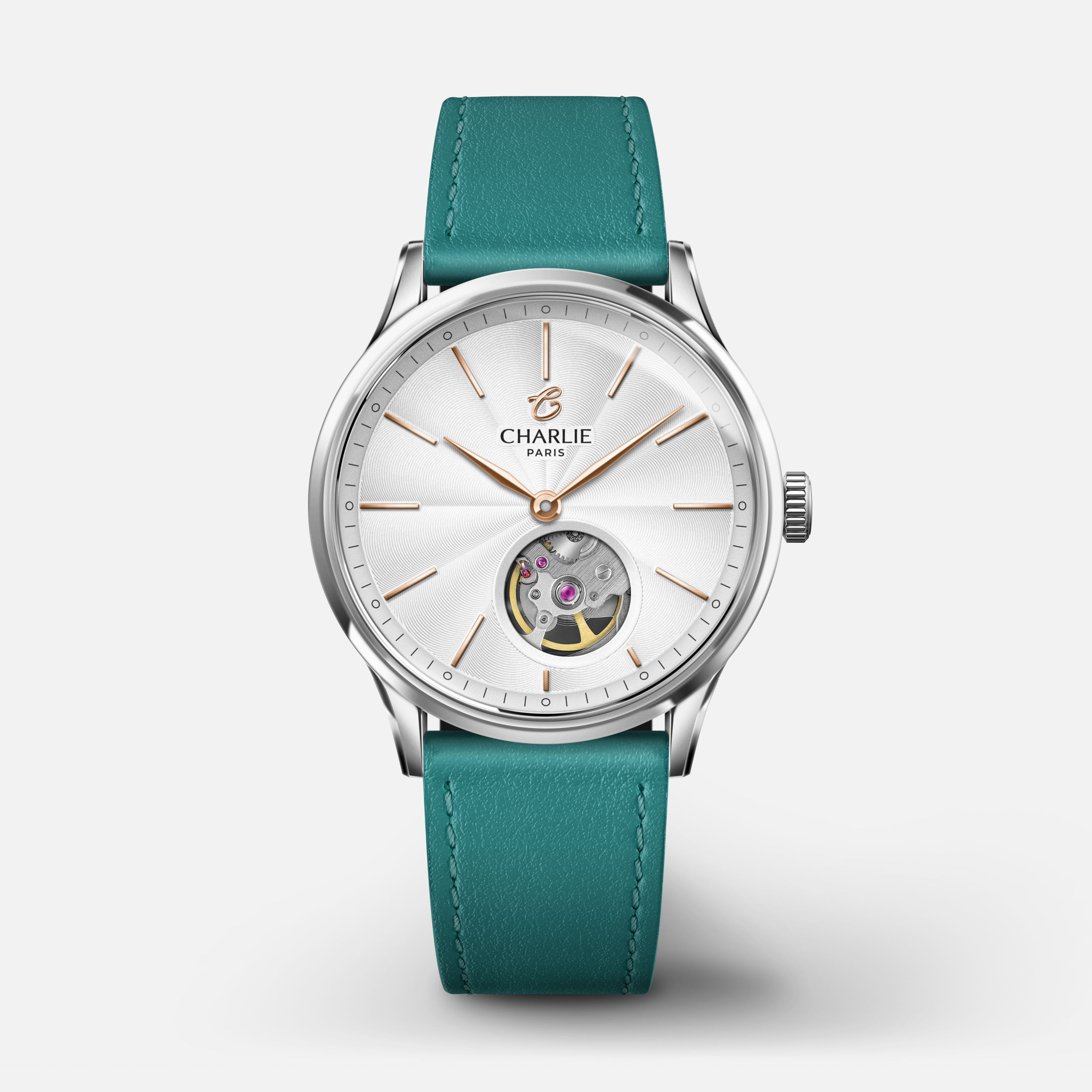 INITIAL 35 - Automatique Cœur Ouvert - Acier Montres CHARLIE Cuir paon