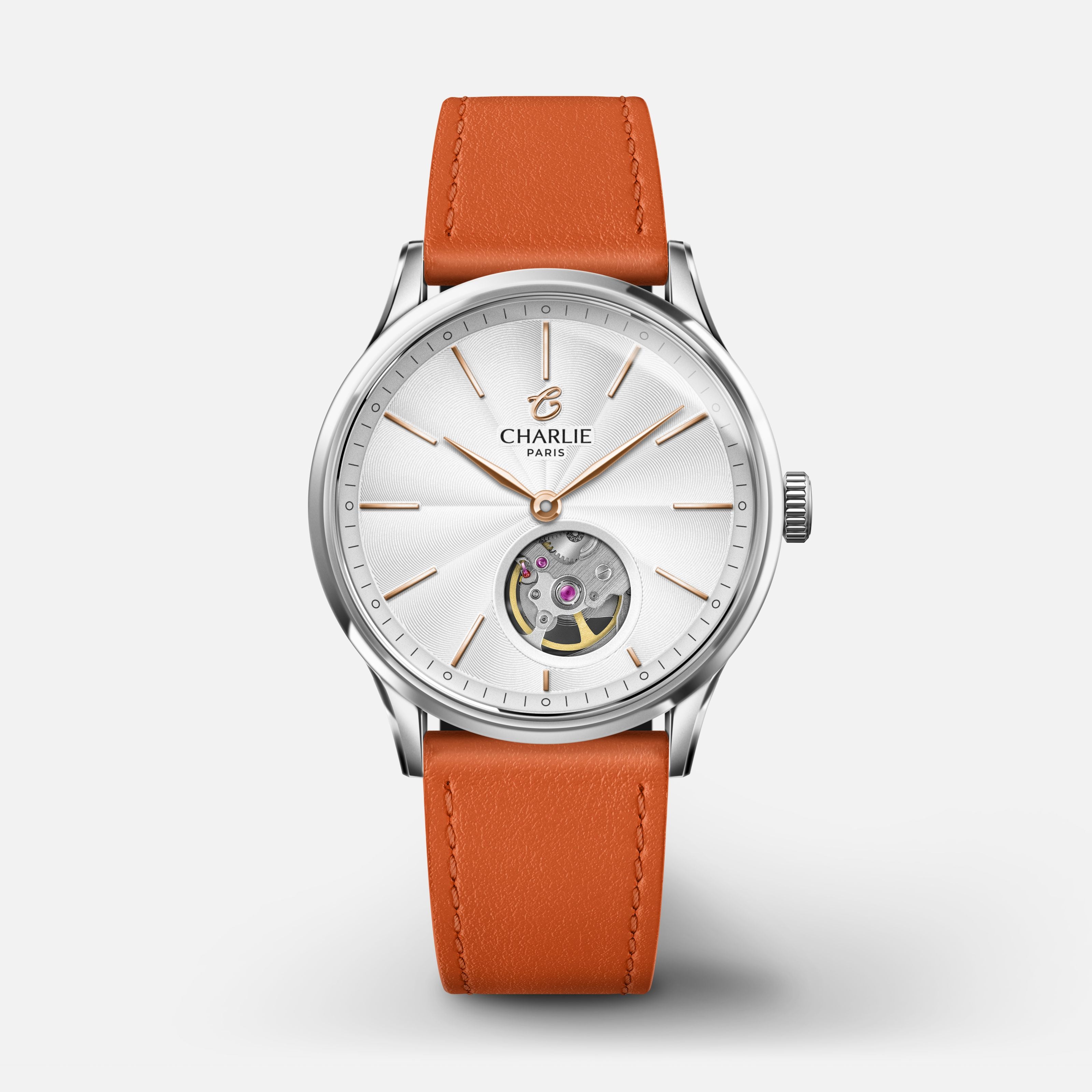 INITIAL 35 - Automatique Cœur Ouvert - Acier Montres CHARLIE Cuir mandarine