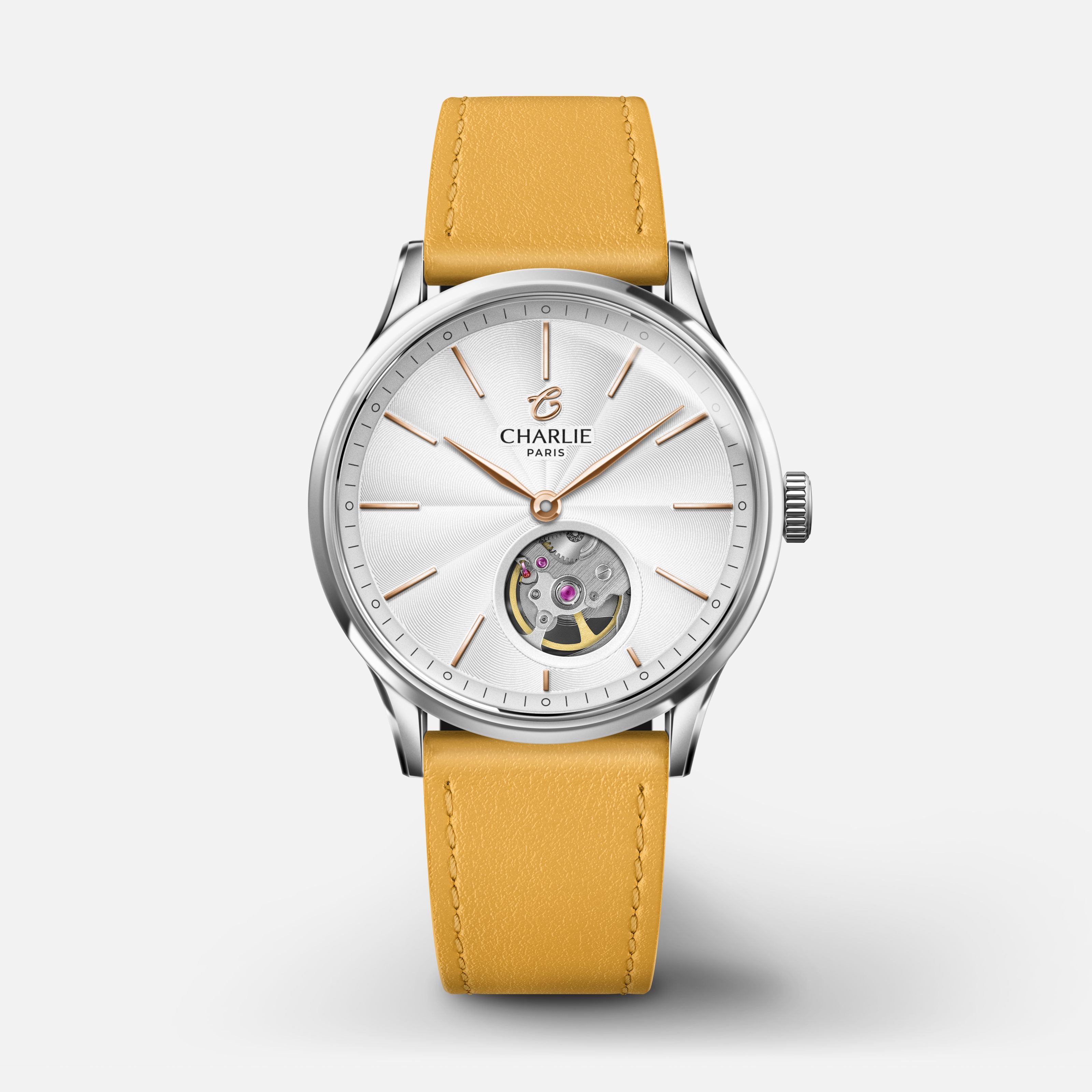 INITIAL 35 - Automatique Cœur Ouvert - Acier Montres CHARLIE Cuir jaune toscan