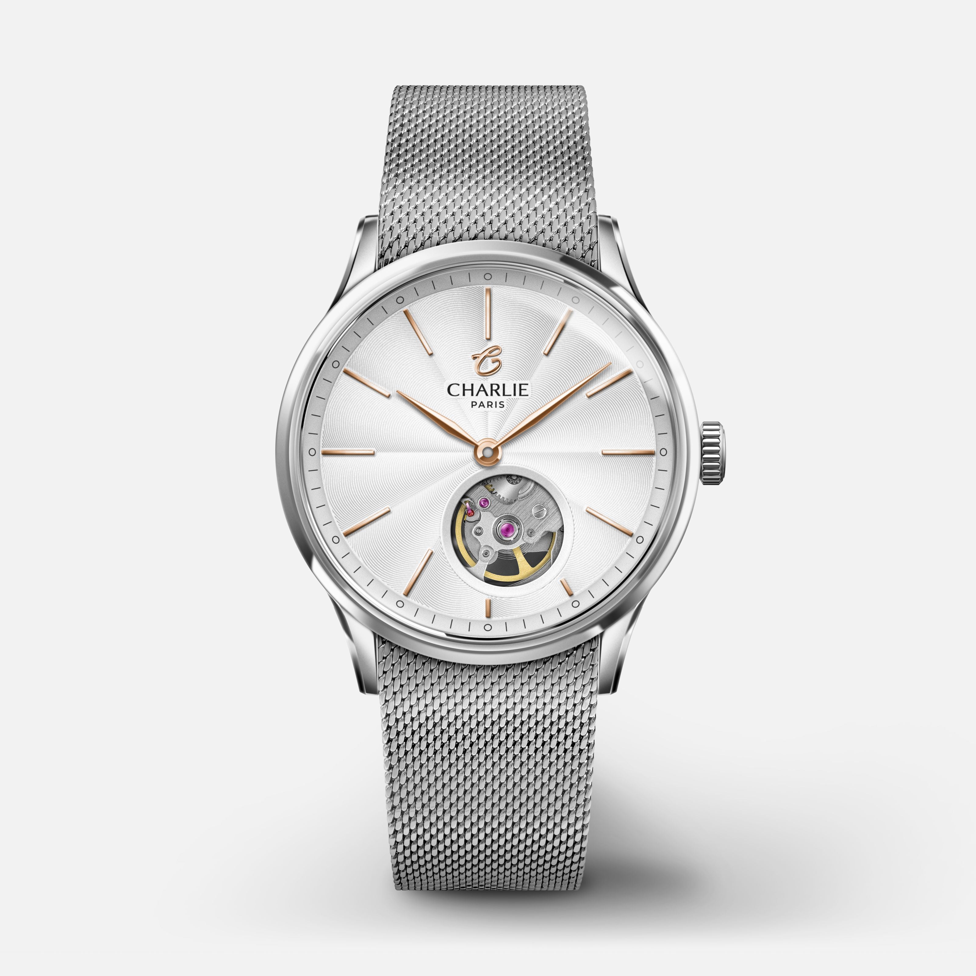 INITIAL 35 - Automatique Cœur Ouvert - Acier Montres CHARLIE Maille milanaise