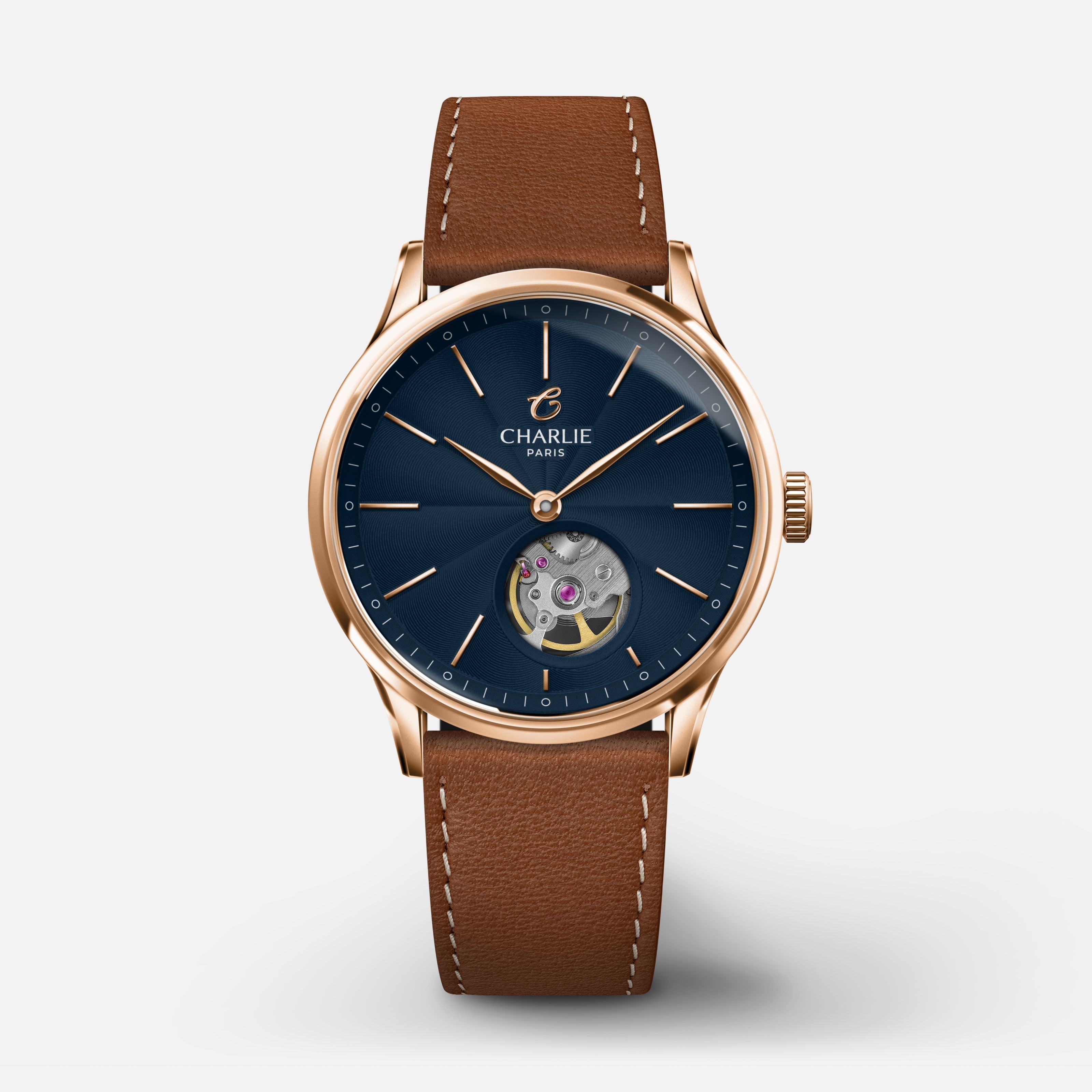 INITIAL 35 - Automatique Cœur Ouvert - Bleu Montres CHARLIE Cuir marron