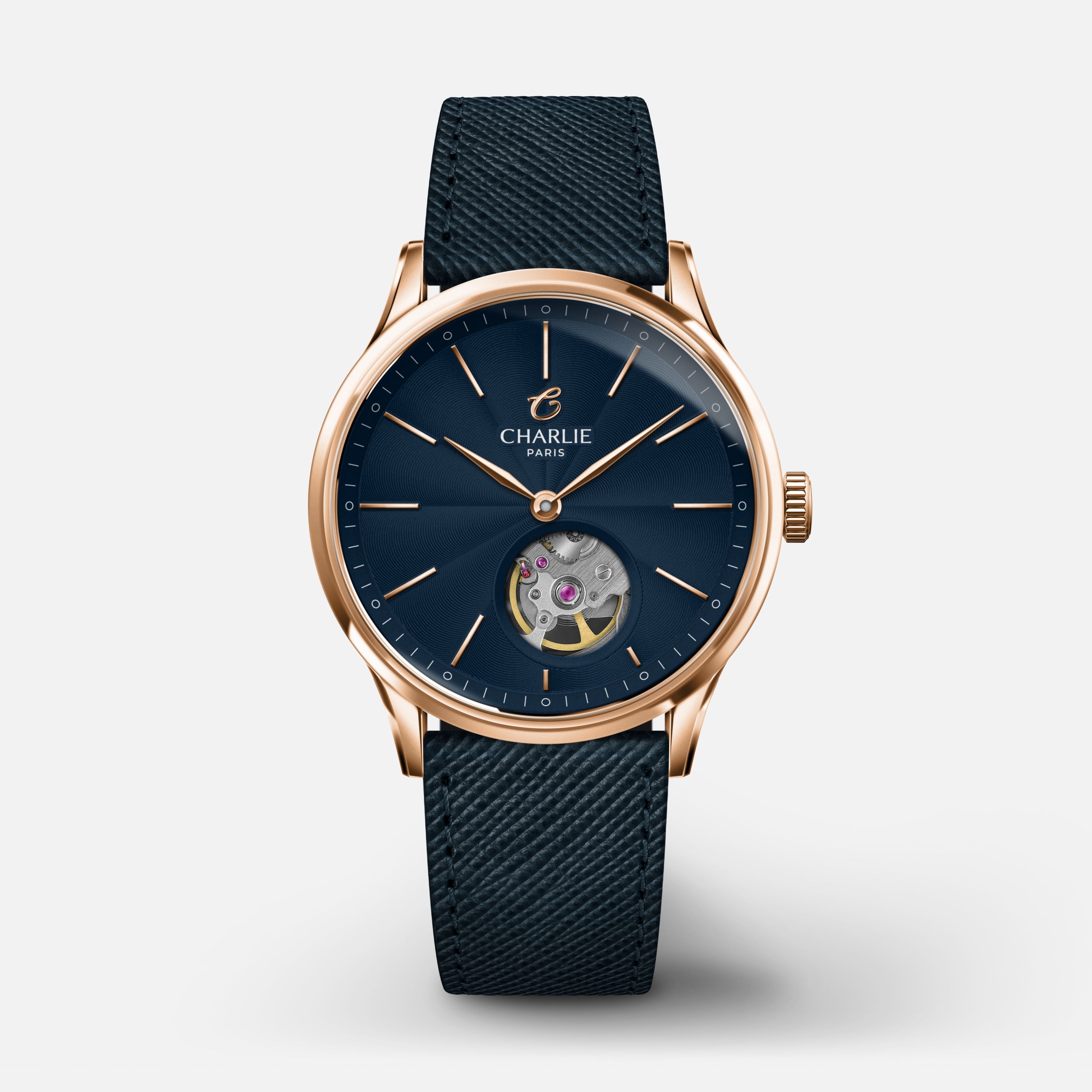 INITIAL 35 - Automatique Cœur Ouvert - Bleu Montres CHARLIE Cuir saffiano bleu