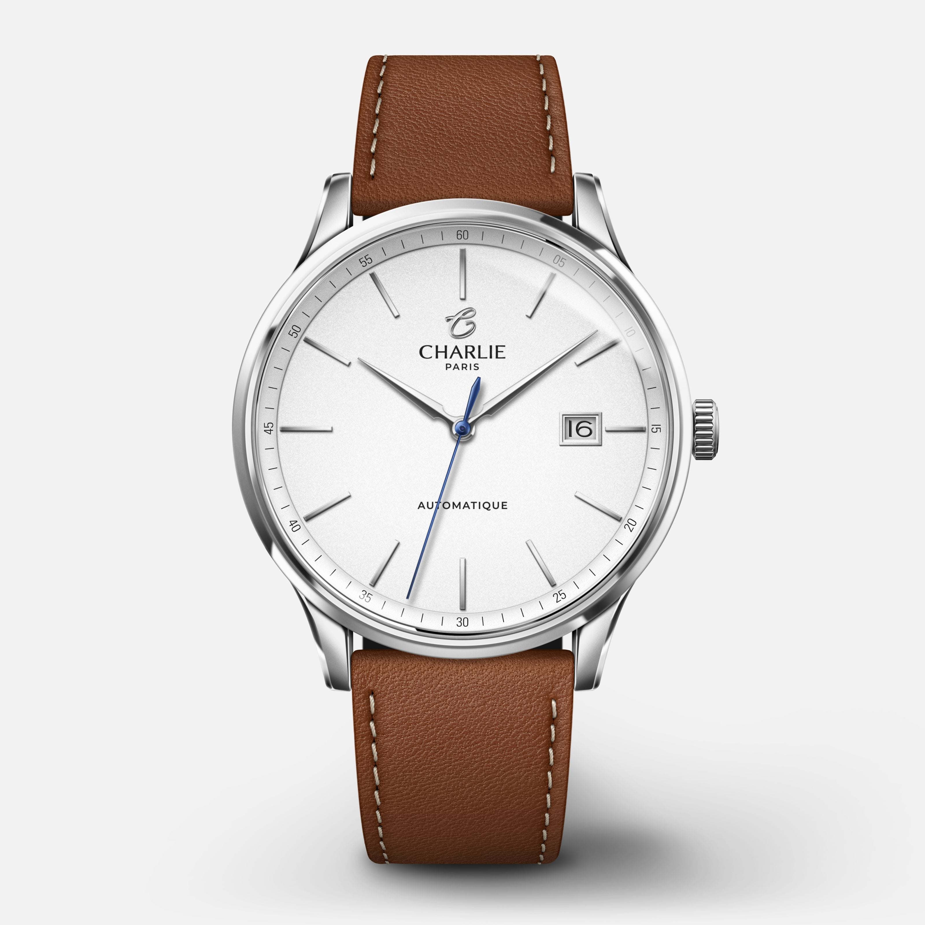 INITIAL - Automatique Slim - Blanc Montres CHARLIE Cuir marron