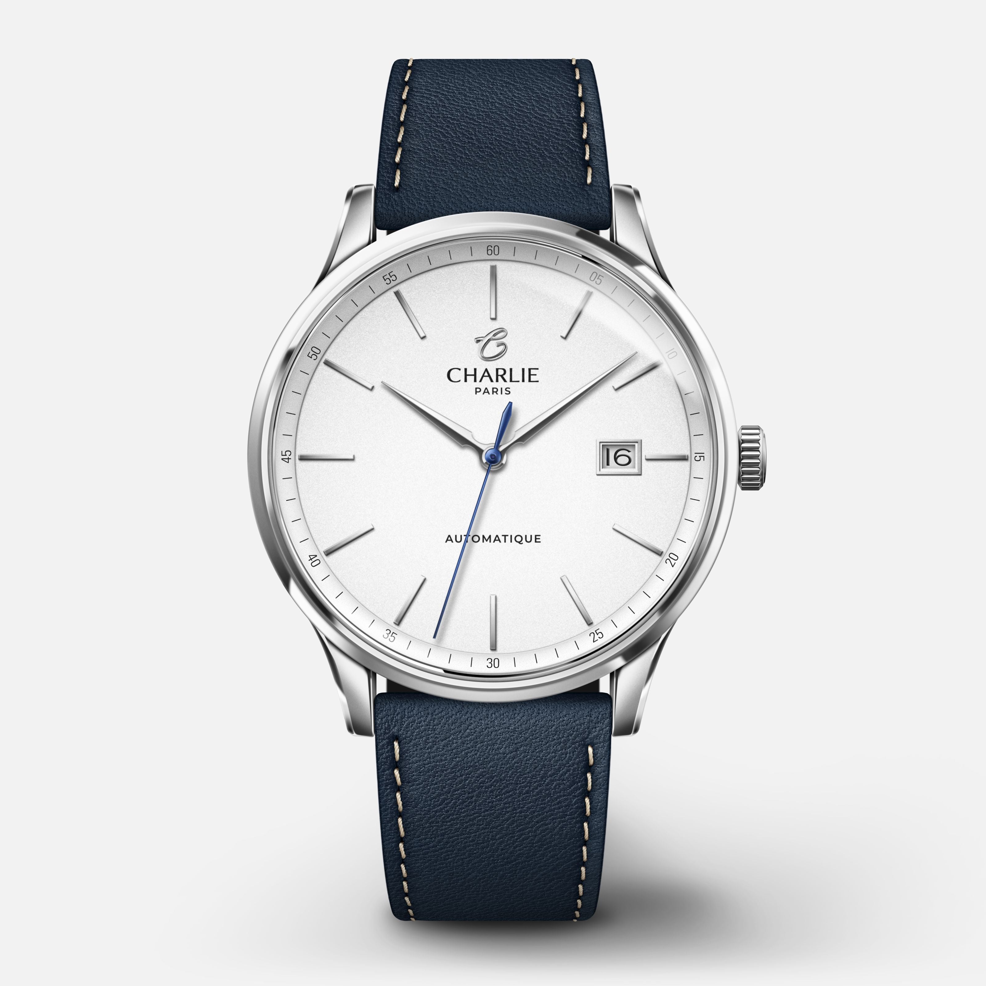 INITIAL - Automatique Slim - Blanc Montres CHARLIE Cuir bleu
