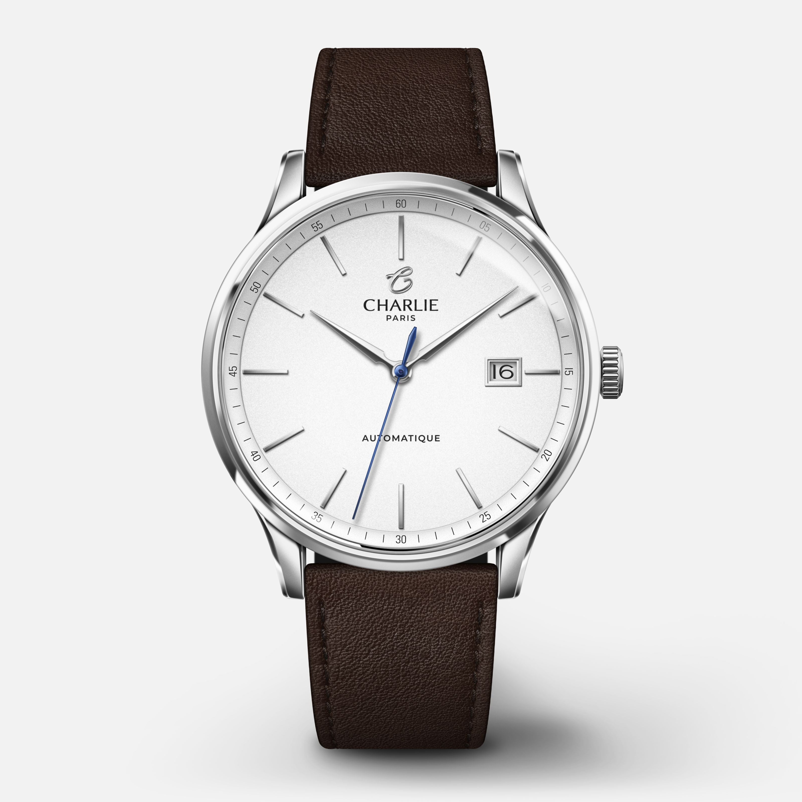 INITIAL - Automatique Slim - Blanc Montres CHARLIE Cuir chocolat