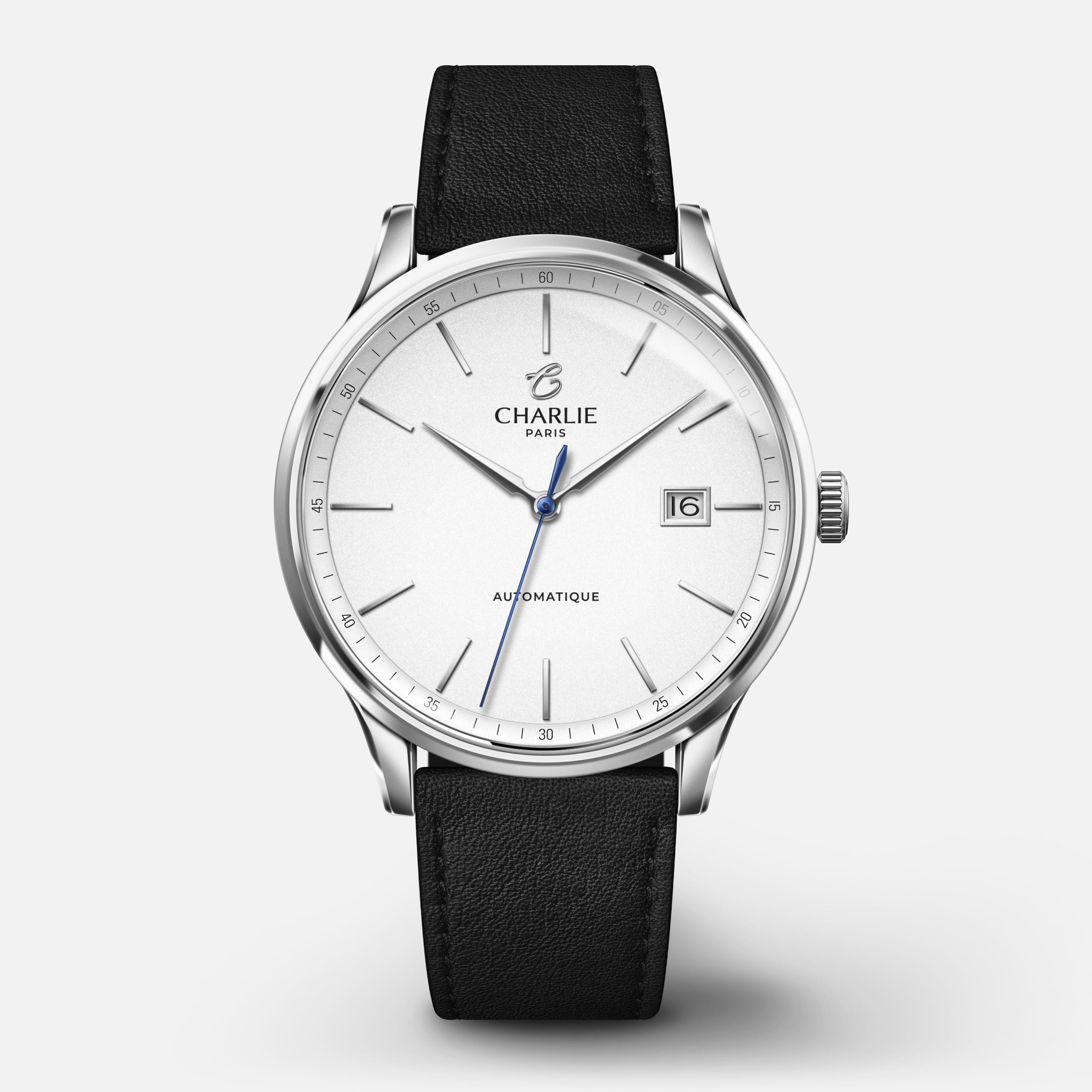 INITIAL - Automatique Slim - Blanc Montres CHARLIE Cuir noir