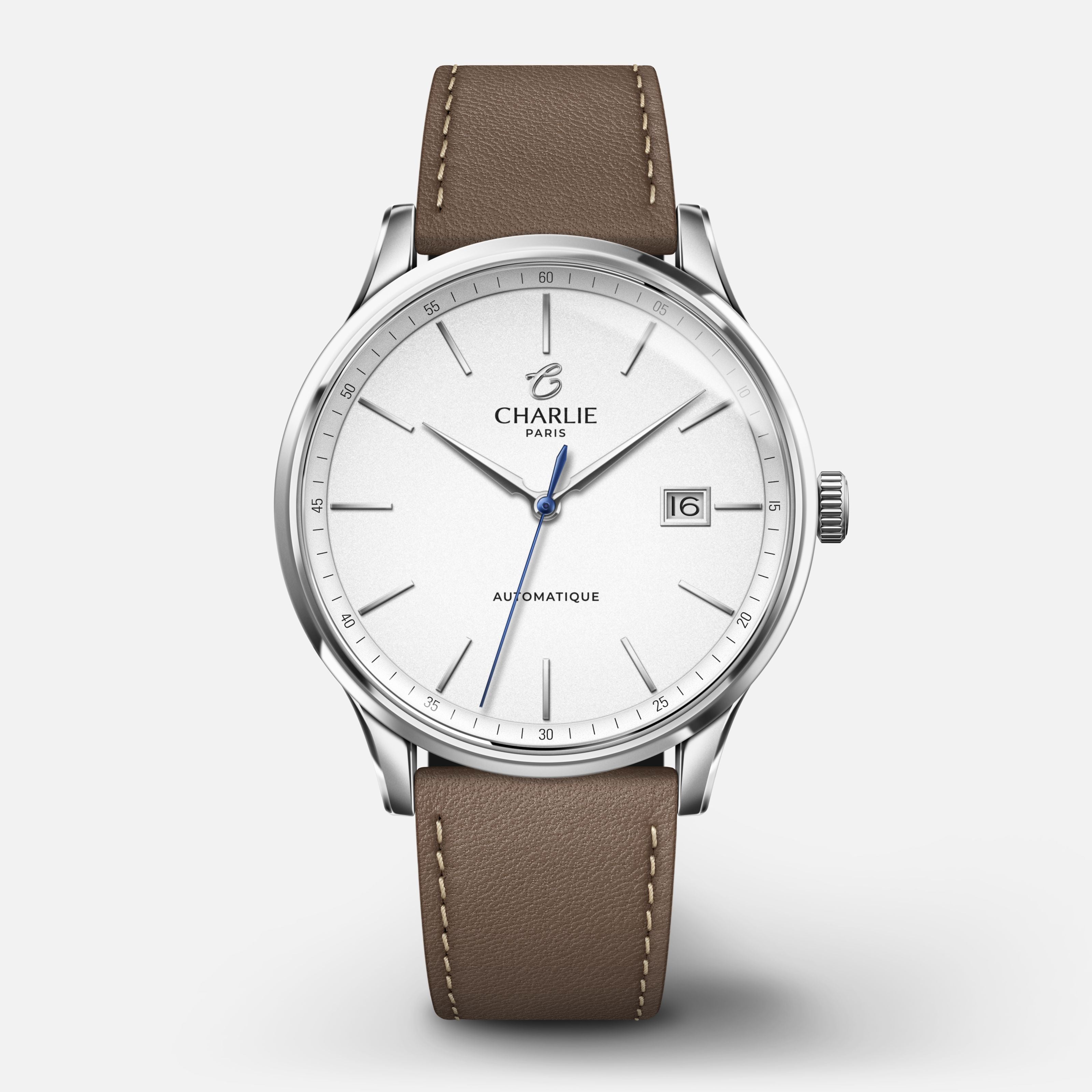 INITIAL - Automatique Slim - Blanc Montres CHARLIE Cuir taupe