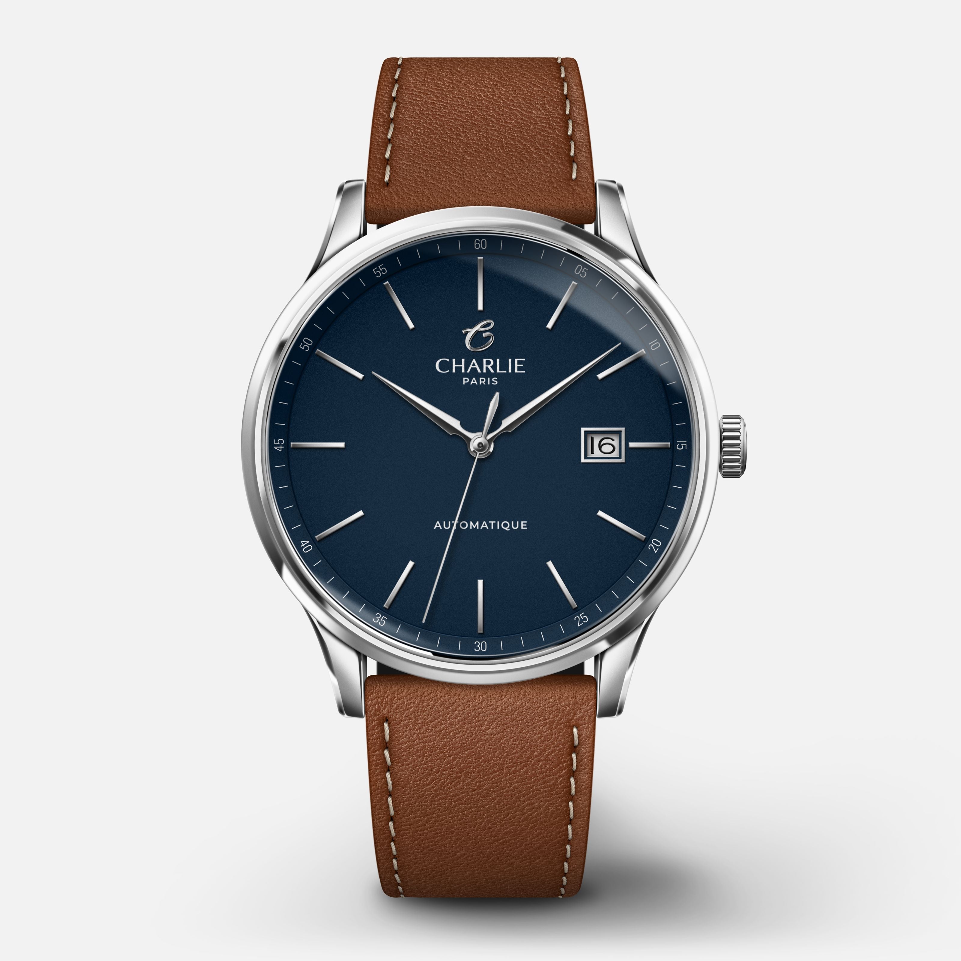 INITIAL - Automatique Slim - Bleu Montres CHARLIE Cuir marron