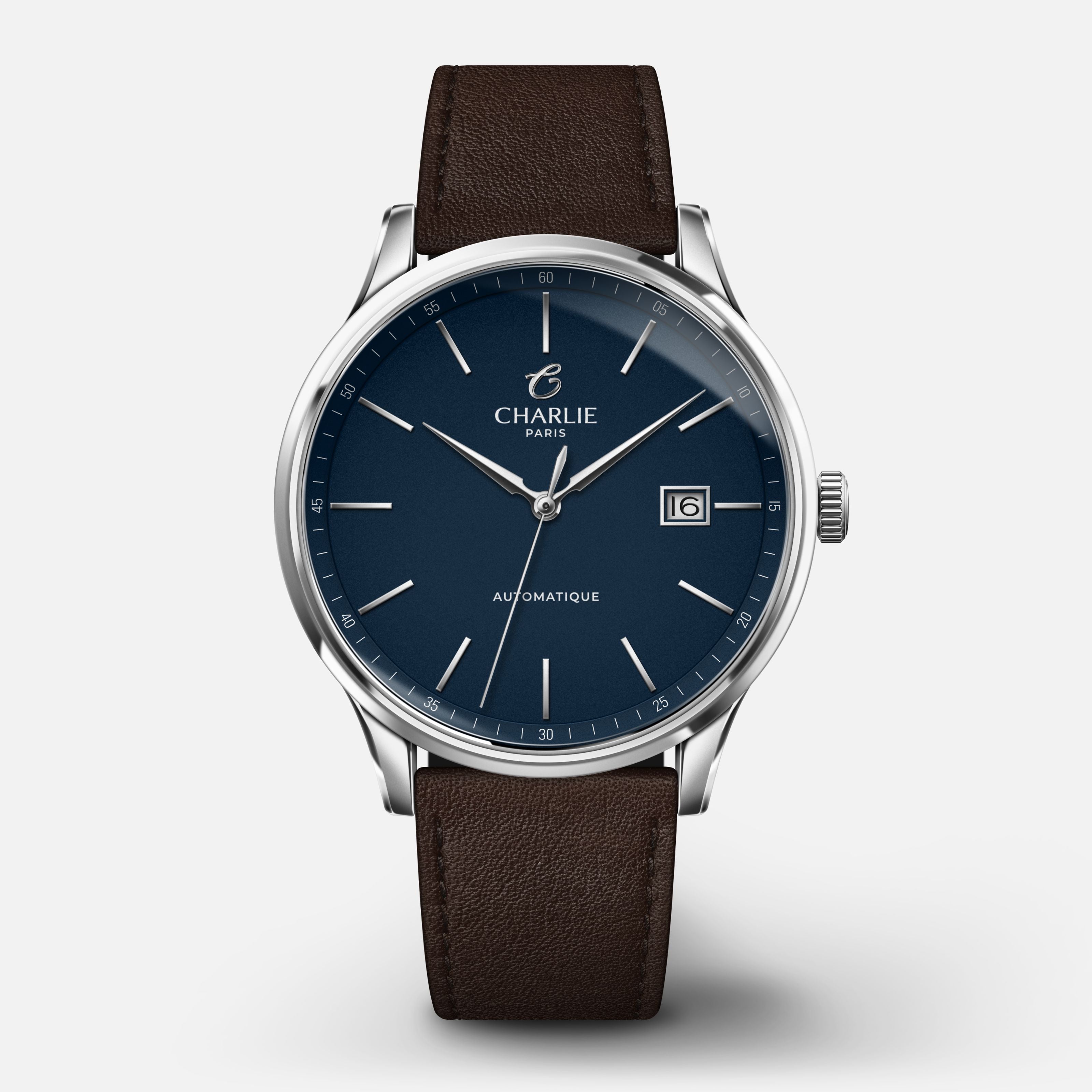 INITIAL - Automatique Slim - Bleu Montres CHARLIE Cuir chocolat