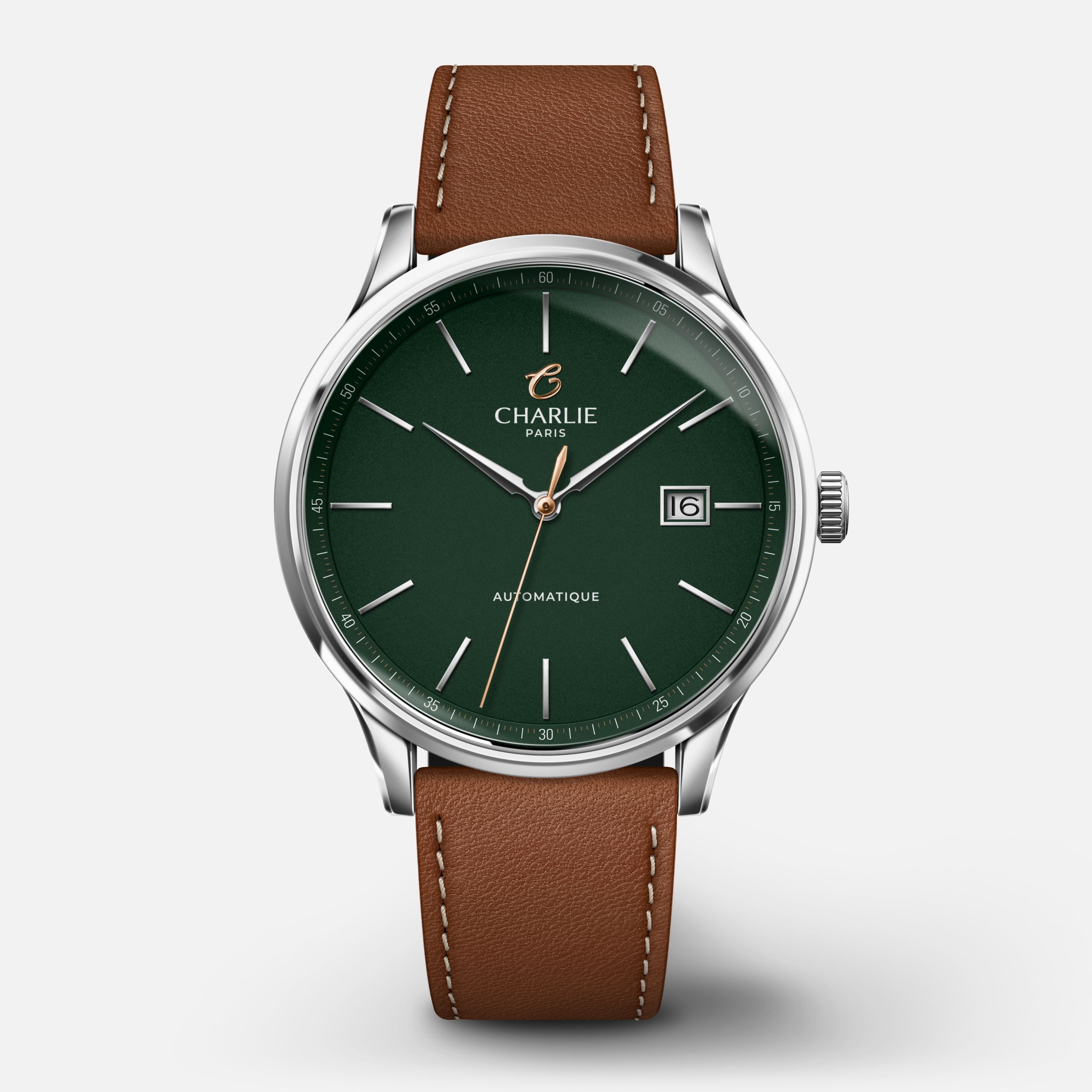 INITIAL - Automatique Slim - Vert Montres CHARLIE Cuir marron
