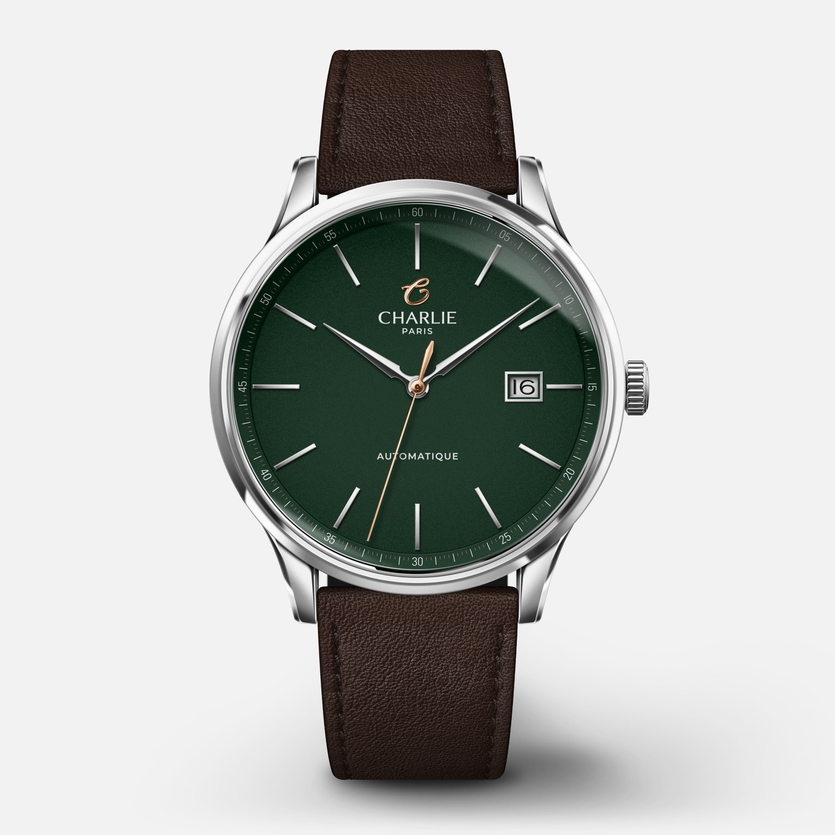INITIAL - Automatique Slim - Vert Montres CHARLIE Cuir chocolat