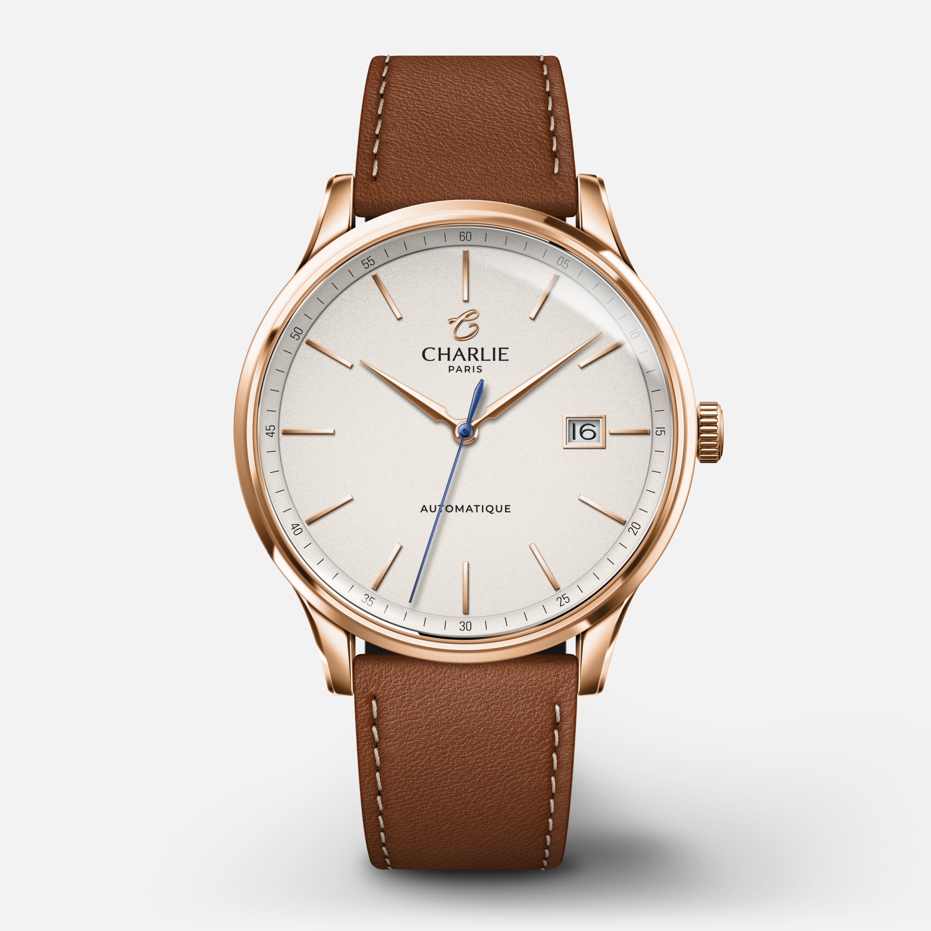 INITIAL - Automatique Slim - Doré rose Montres CHARLIE Cuir marron