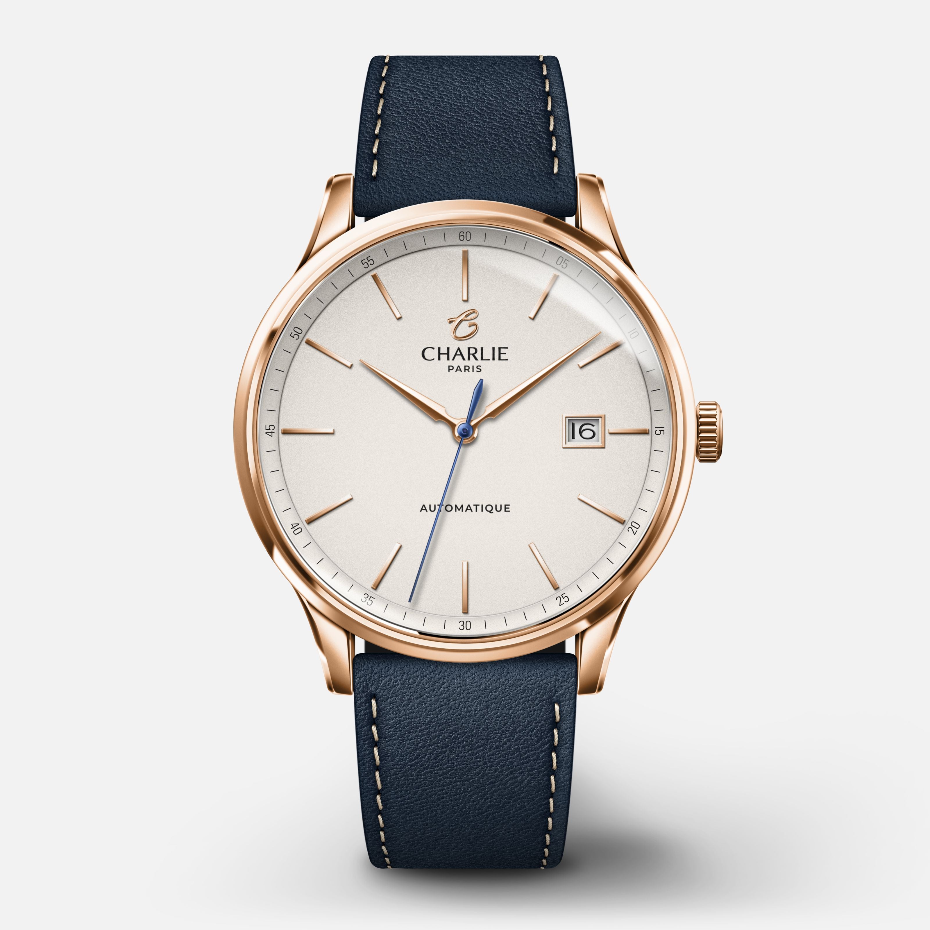 INITIAL - Automatique Slim - Doré rose Montres CHARLIE Cuir bleu