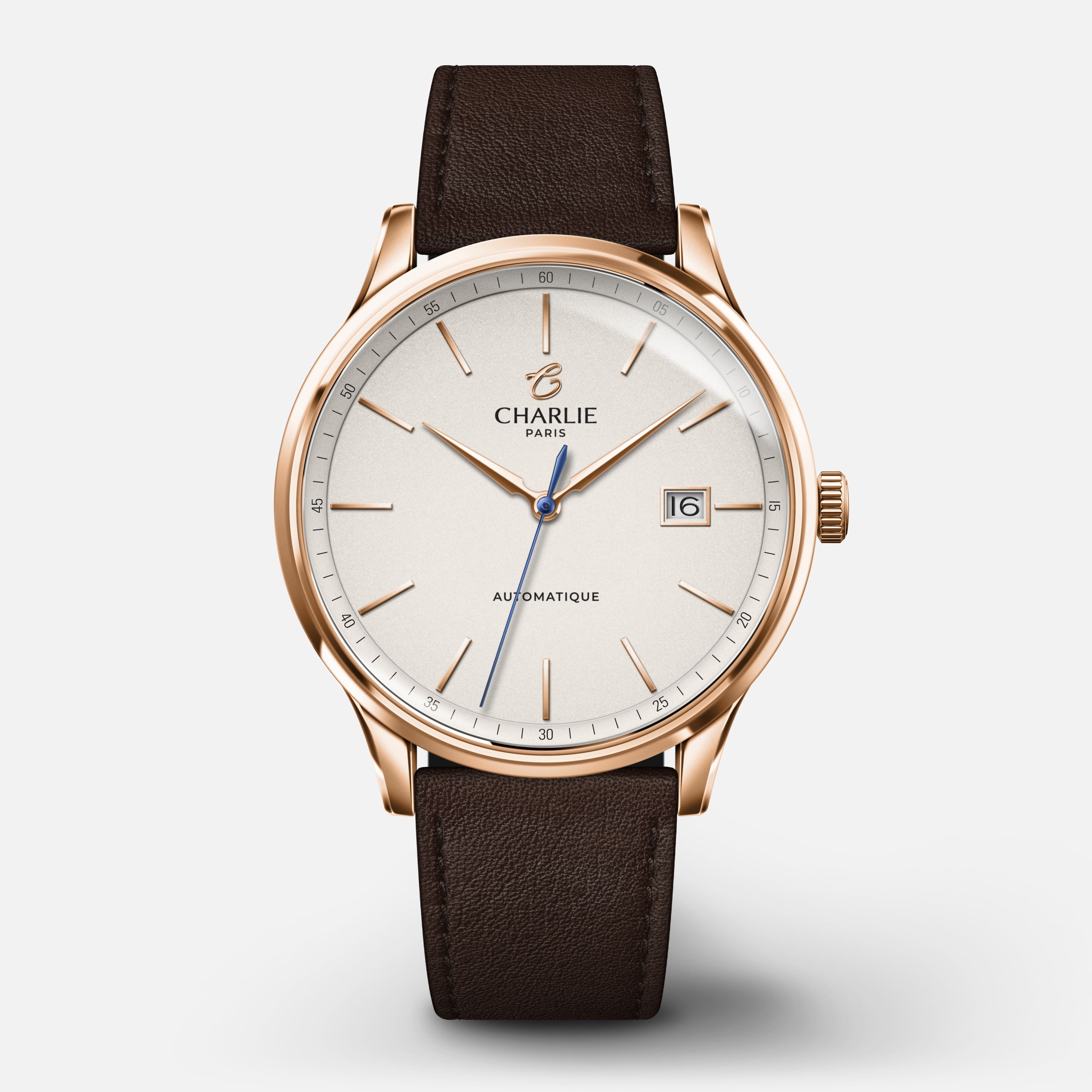 INITIAL - Automatique Slim - Doré rose Montres CHARLIE Cuir chocolat