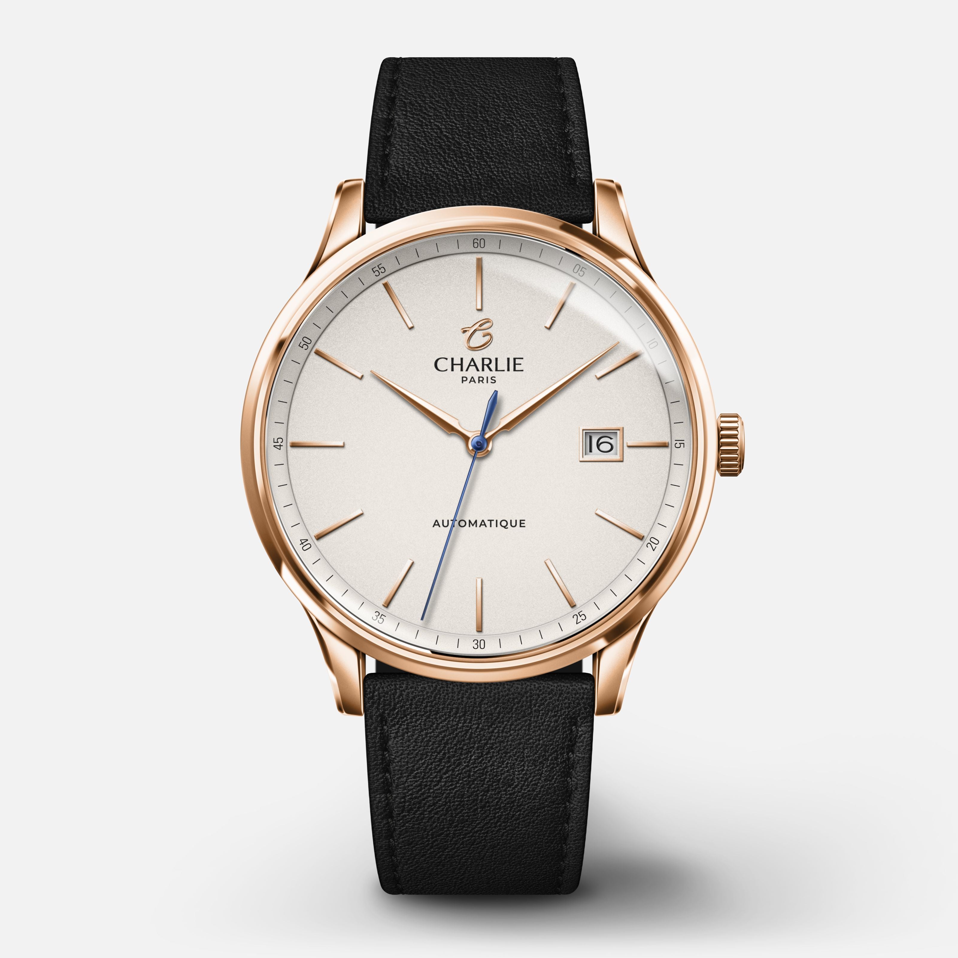 INITIAL - Automatique Slim - Doré rose Montres CHARLIE Cuir noir